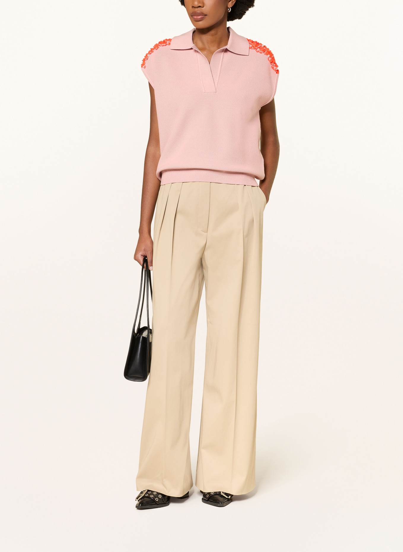 ESSENTIEL ANTWERP Strick-Poloshirt JOLINE mit Pailletten und Schmucksteinen: ROSÉ / NEONORANGE