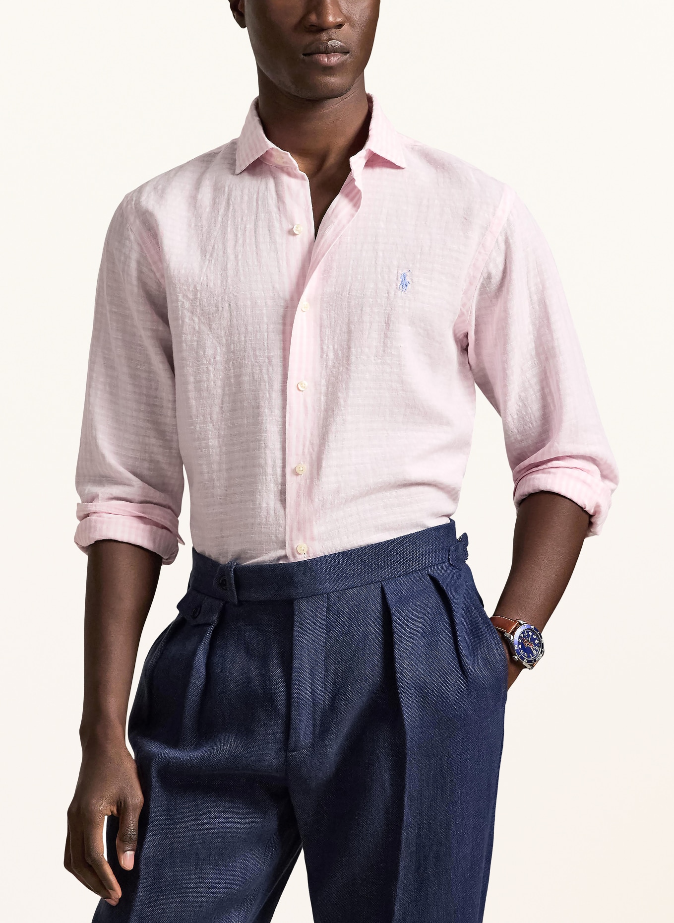 POLO RALPH LAUREN Hemd Regular Fit mit Leinen: ROSA / WEISS