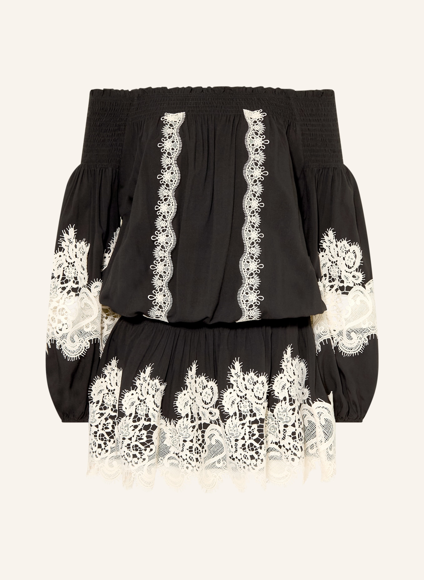 MISS JUNE LAUREL off-shoulder dress with lace: BLACK / ECRU