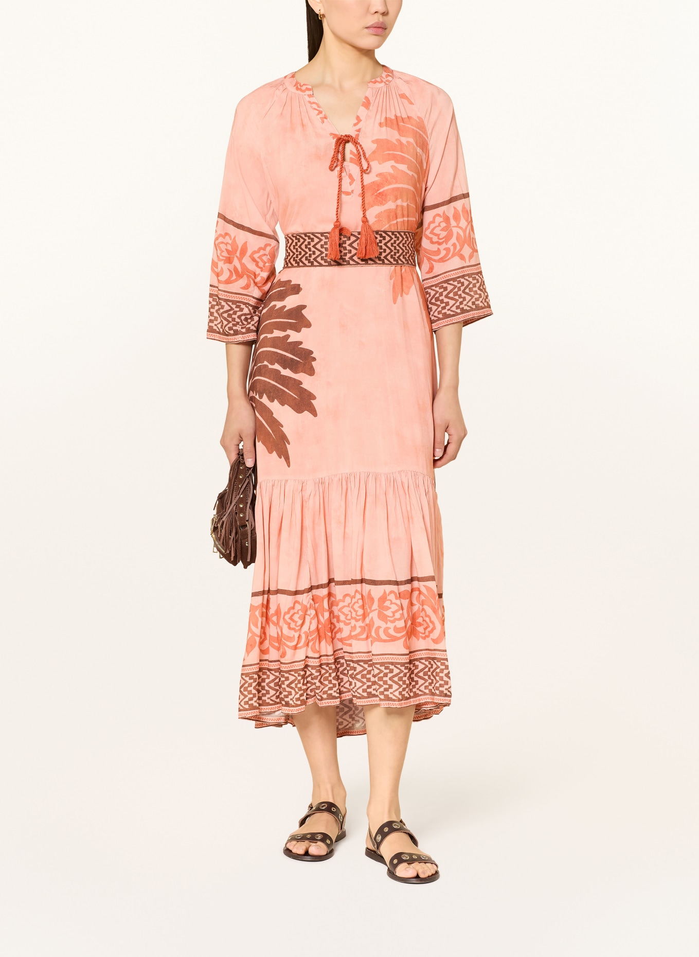 MISS JUNE Kleid AIDA PALME mit 3/4-Arm: LACHS / BRAUN / DUNKELORANGE