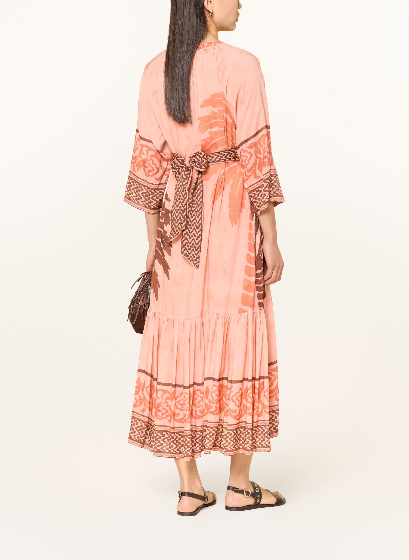 MISS JUNE Kleid AIDA PALME mit 3/4-Arm: LACHS / BRAUN / DUNKELORANGE