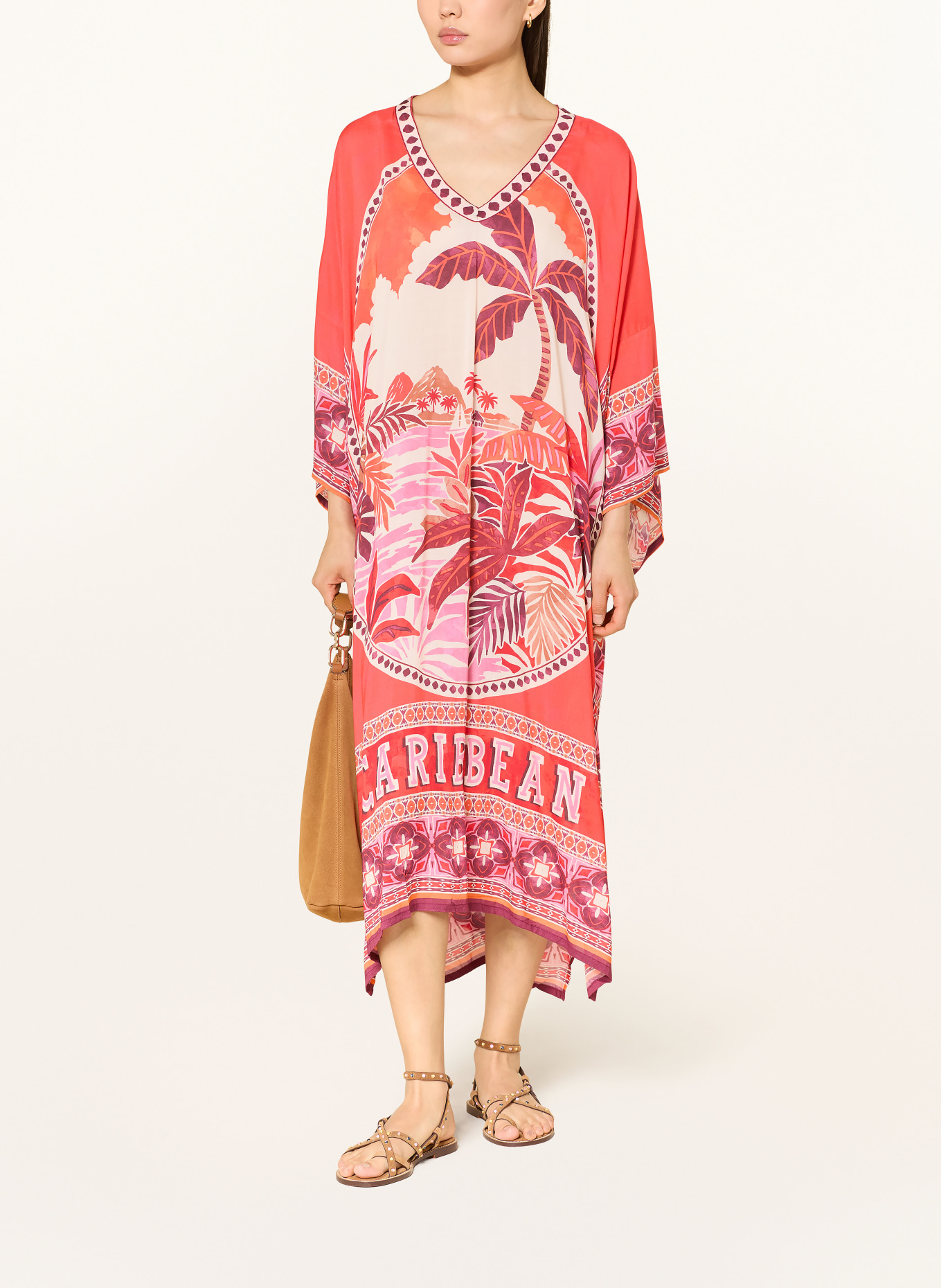 MISS JUNE Caftan KEIRA CARRIBEAN à manches 3/4: ROUGE / ROSE / CRÈME