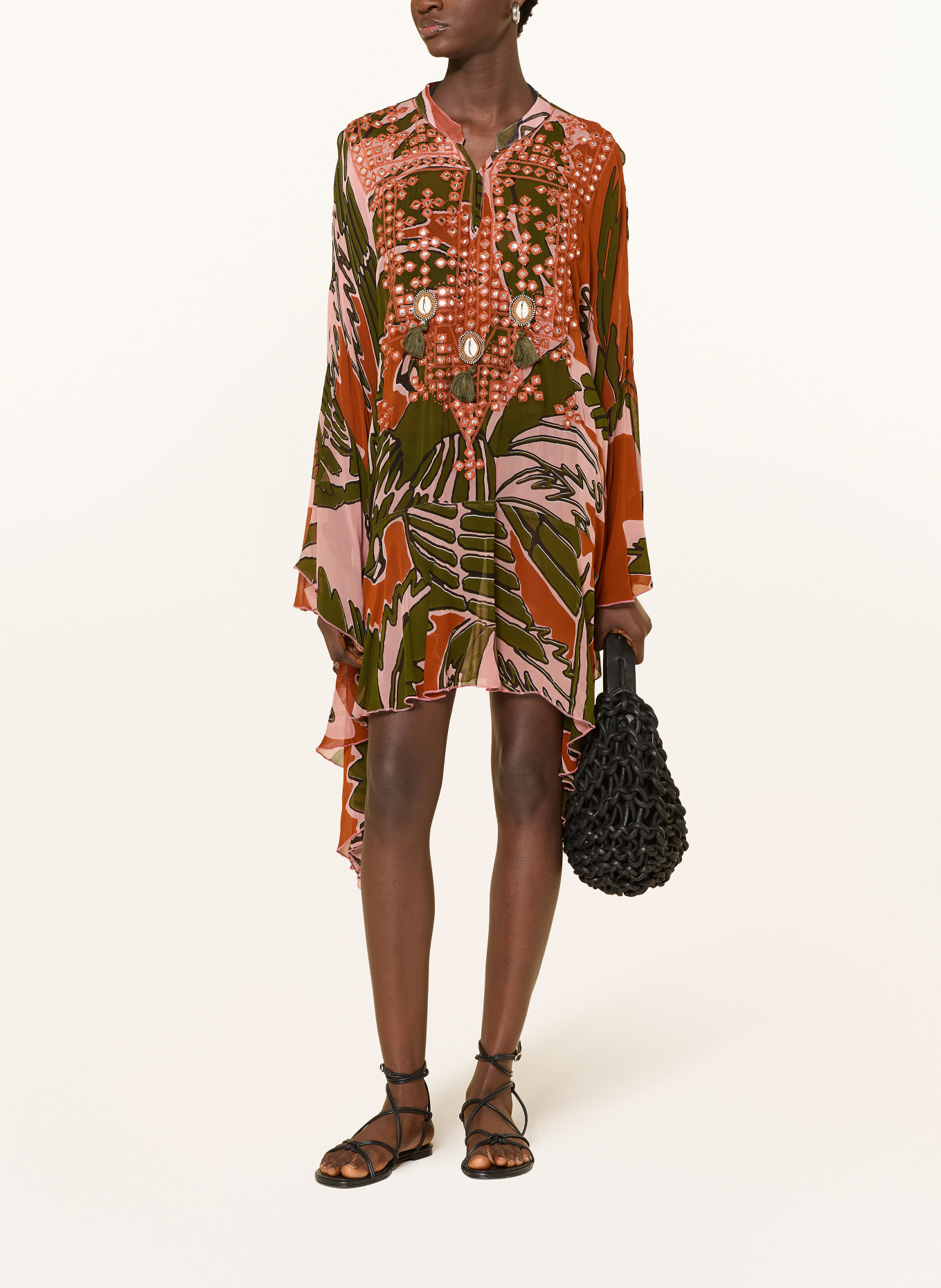 MISS JUNE Kaftan ANAYA z ozdobnymi perełkami: CIEMNOZIELONY / CIEMNOPOMARAŃCZOWY