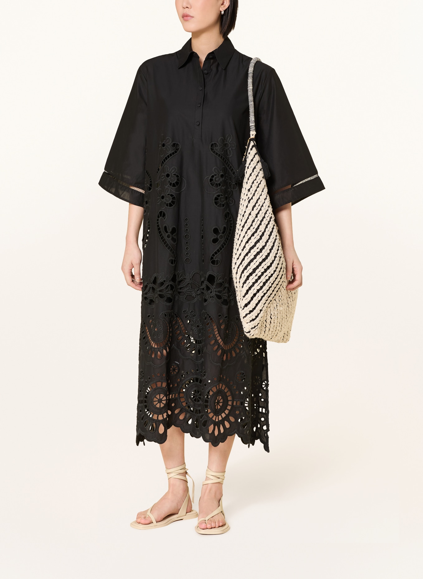 MISS JUNE Robe chemise ADRIA avec dentelle ajourée et manches 3/4: NOIR