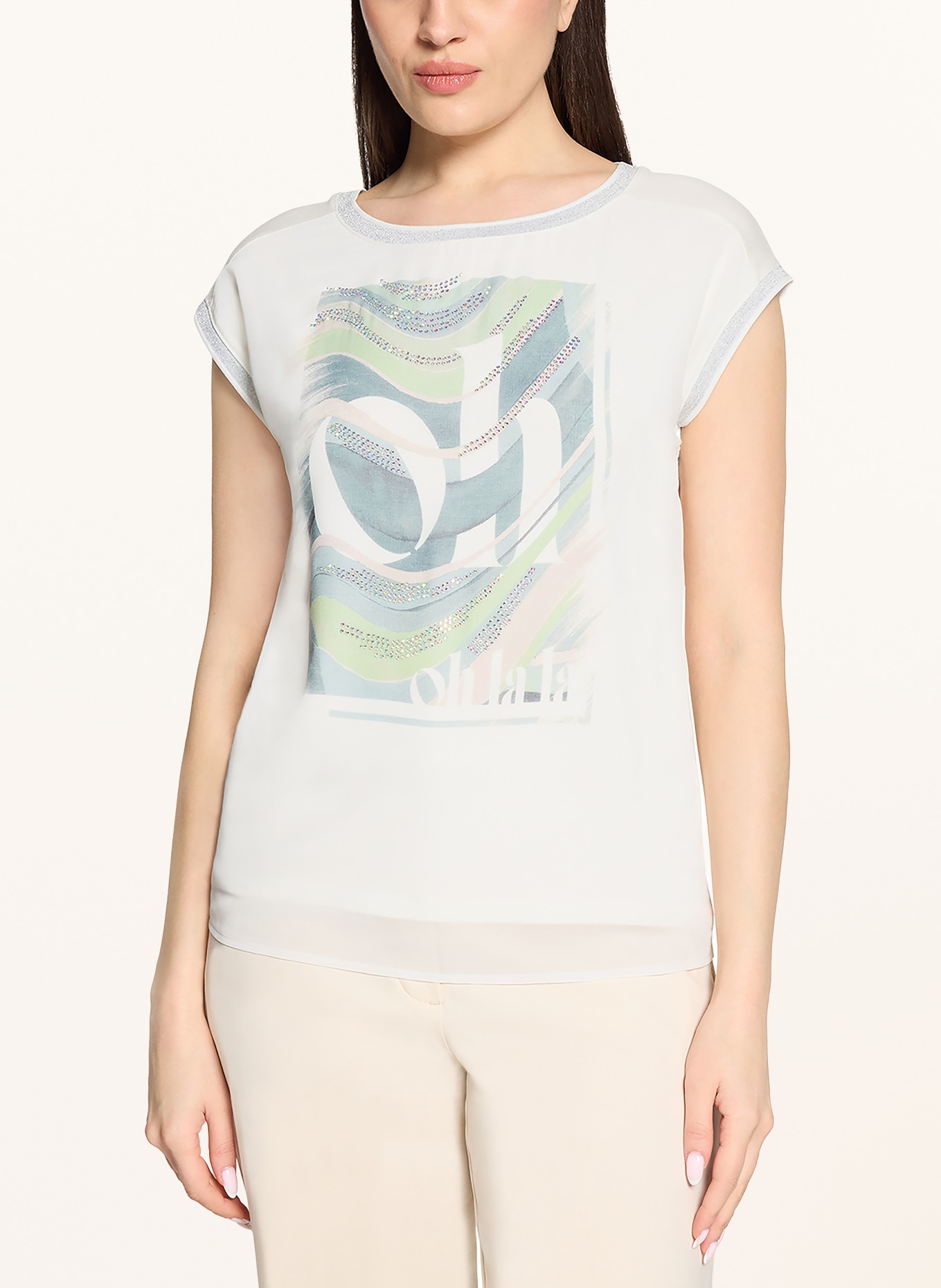 Betty Barclay T-shirt van gemengde stoffen met sierstenen: WIT / ZILVER / GROEN