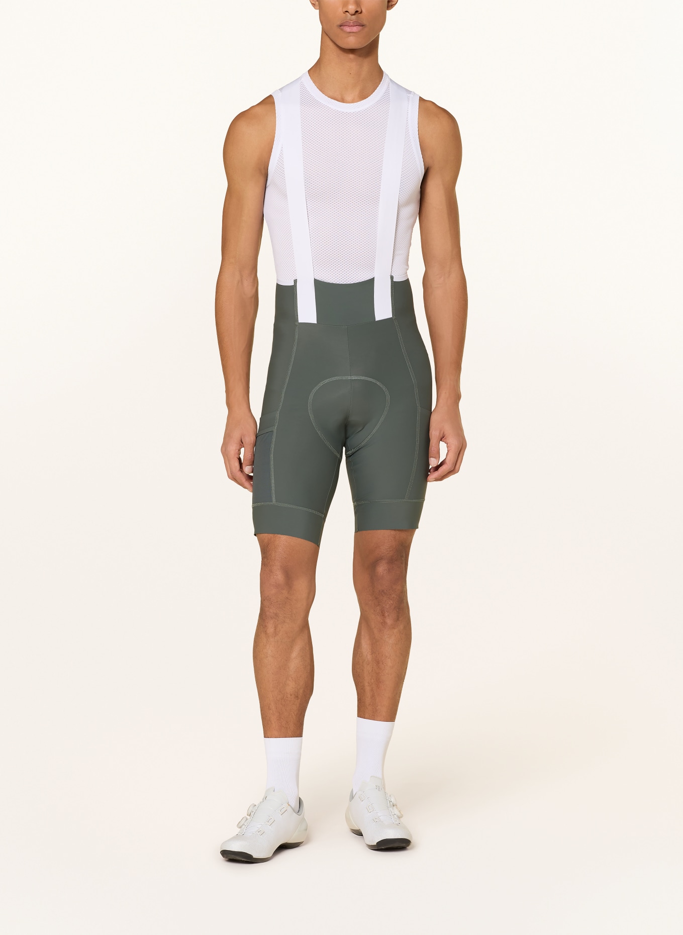 Rapha Radhose BREVET ELEMENT CARGO BIB mit Trägern und gepolstertem Einsatz: DUNKELGRÜN / WEISS