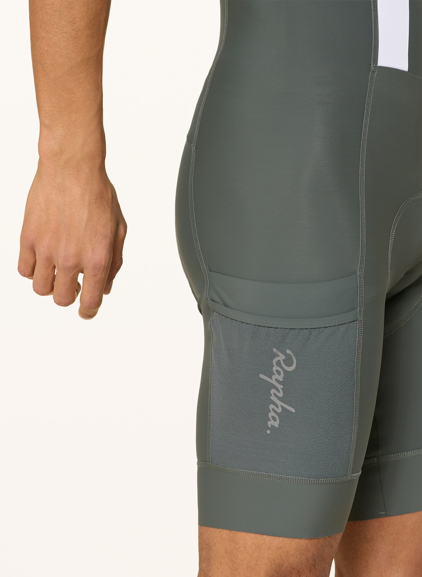 Rapha Radhose BREVET ELEMENT CARGO BIB mit Trägern und gepolstertem Einsatz: DUNKELGRÜN / WEISS