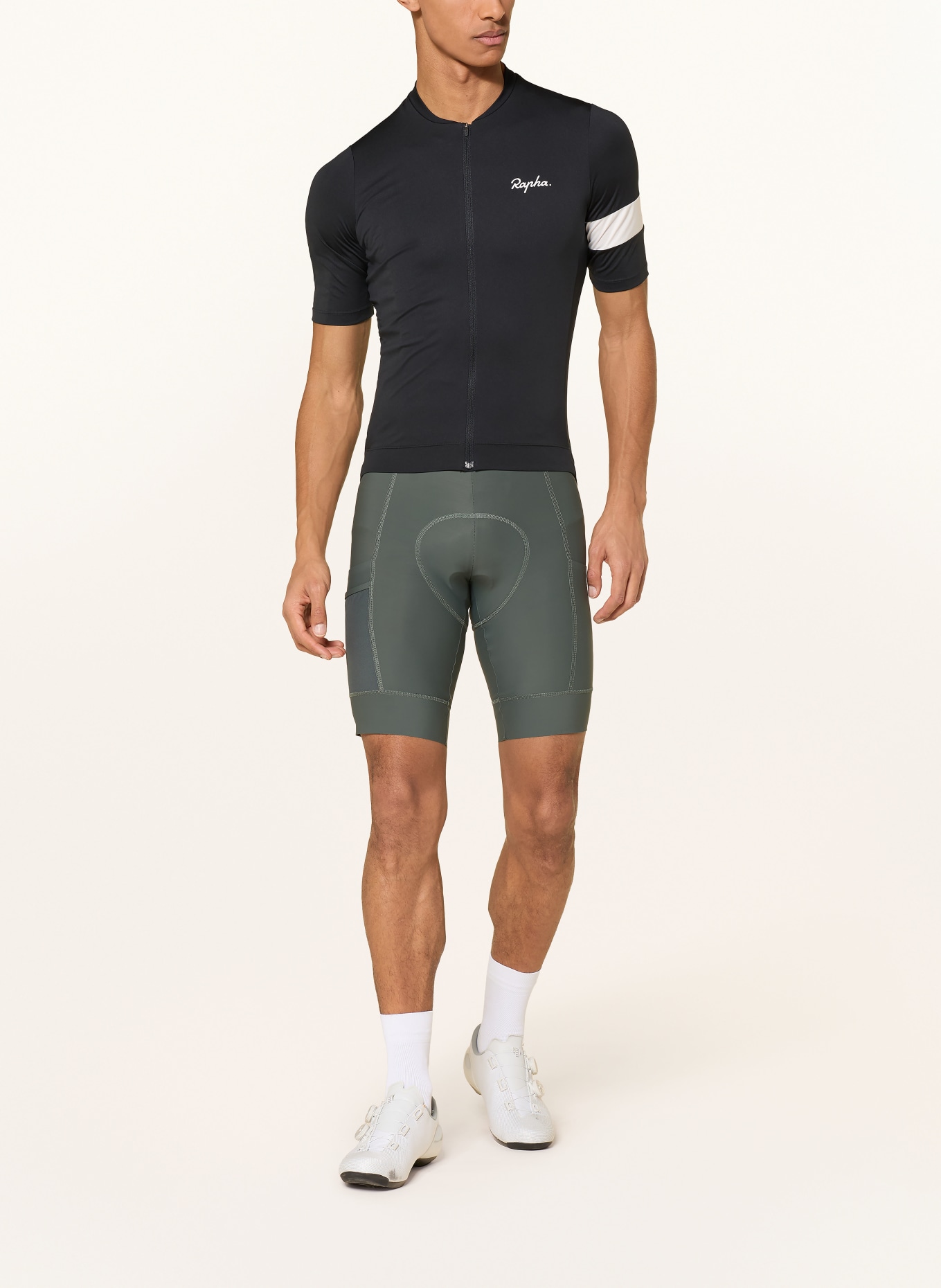 Rapha Radhose BREVET ELEMENT CARGO BIB mit Trägern und gepolstertem Einsatz: DUNKELGRÜN / WEISS