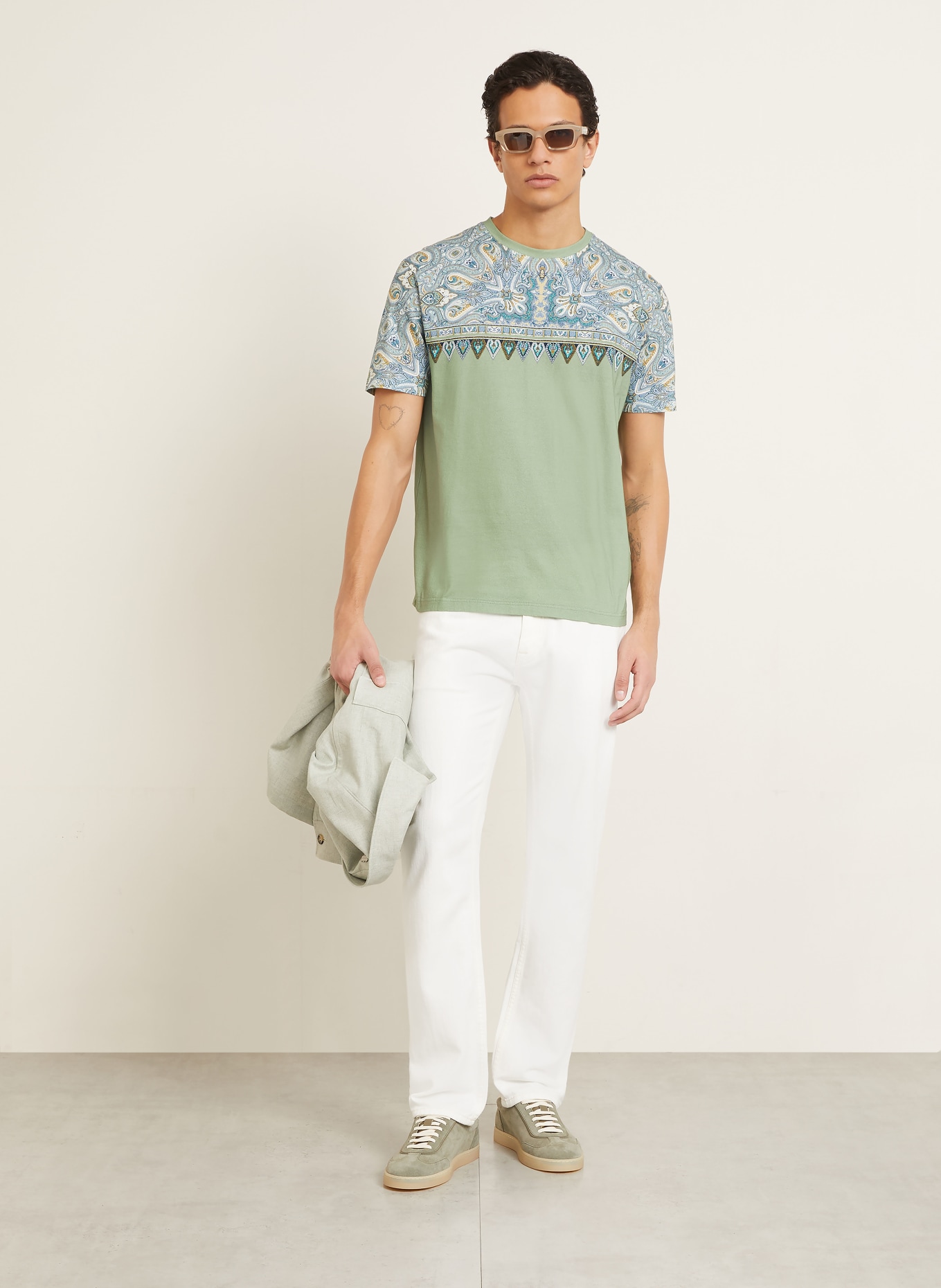 ETRO T-shirt: GROEN / CRÈME / BLAUW