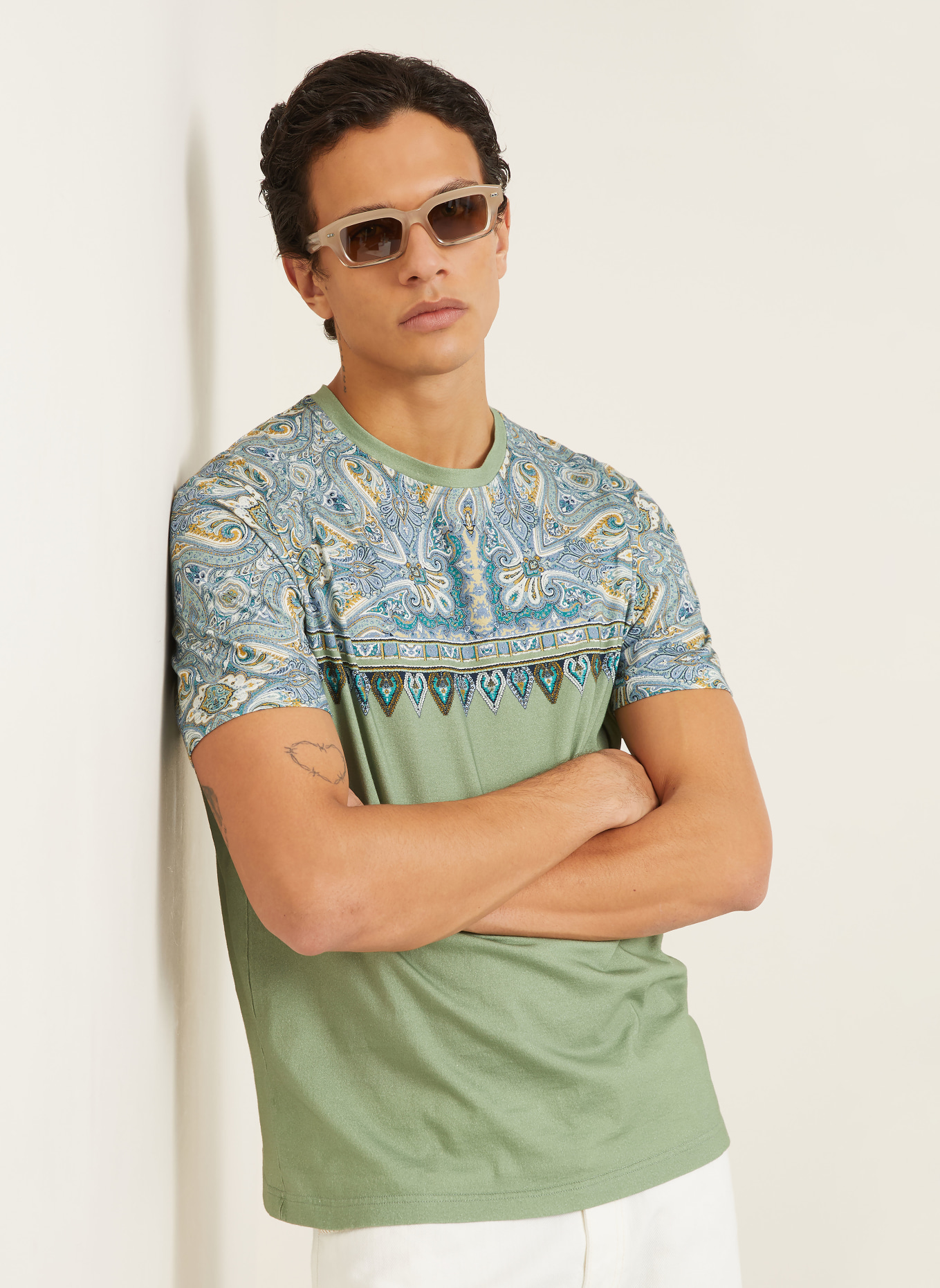 ETRO T-shirt: GROEN / CRÈME / BLAUW