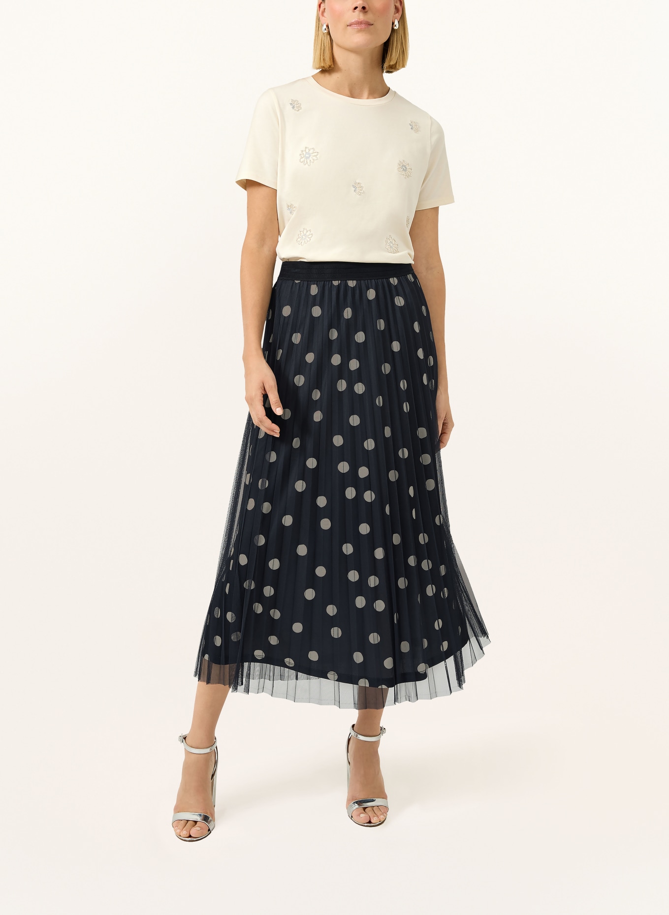 s.Oliver BLACK LABEL Mesh-Rock mit Plissees: DUNKELBLAU / BEIGE