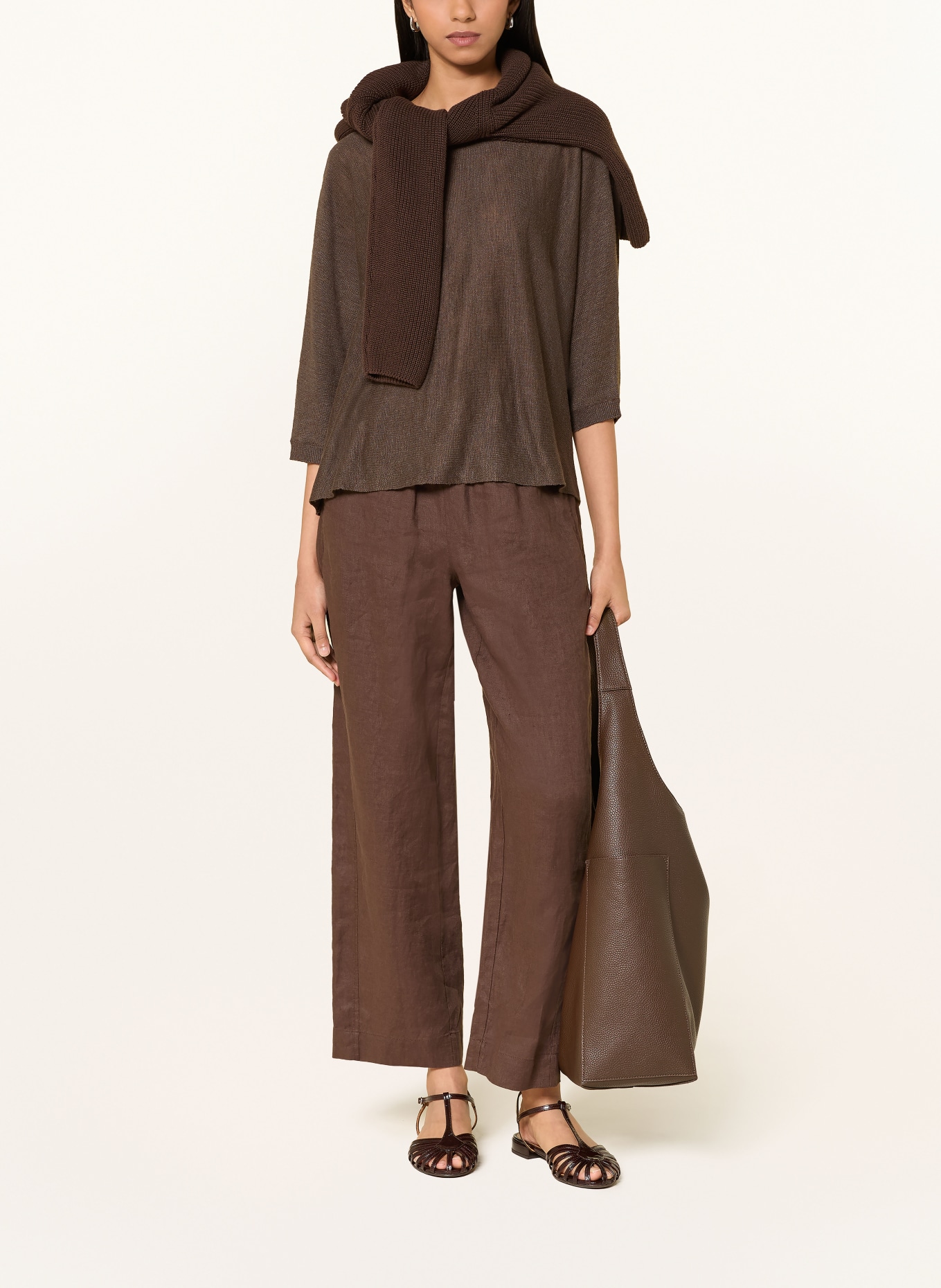 comma Sweater with linen and 3/4 sleeves: DARK BROWN