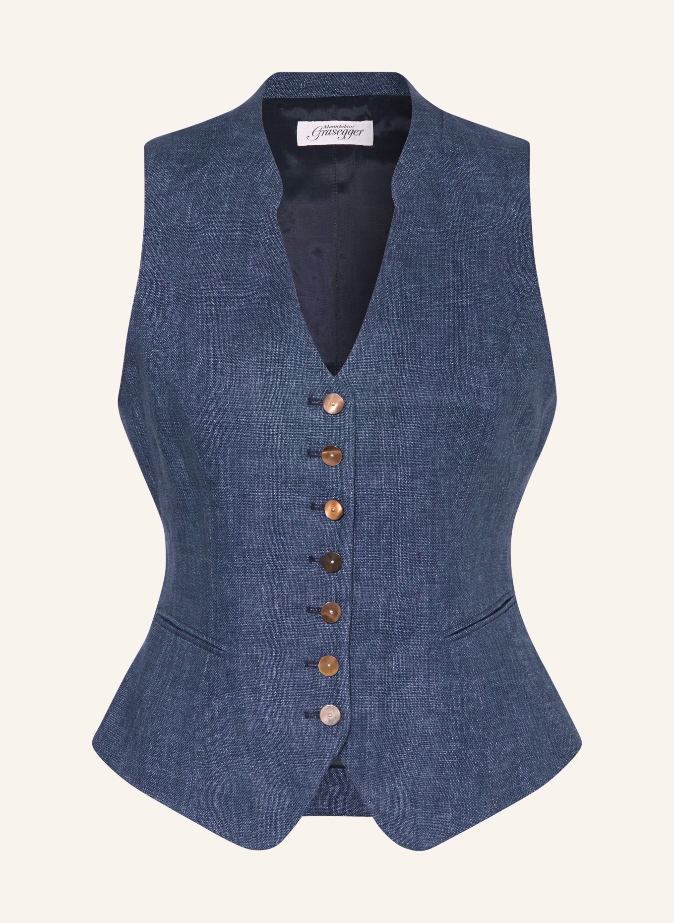 Grasegger Traditionele vest VERONIKA van linnen: DONKERBLAUW / LICHTBLAUW