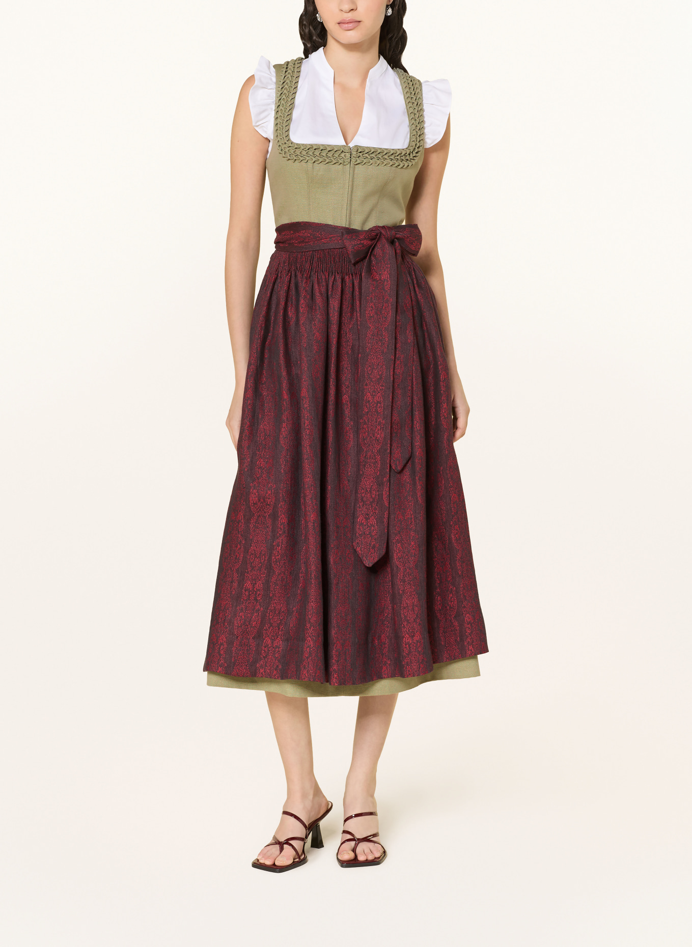 Gottseidank Dirndl VRENI in een mix van stoffen met linnen: LICHTGROEN / DONKERROOD / DONKERBLAUW