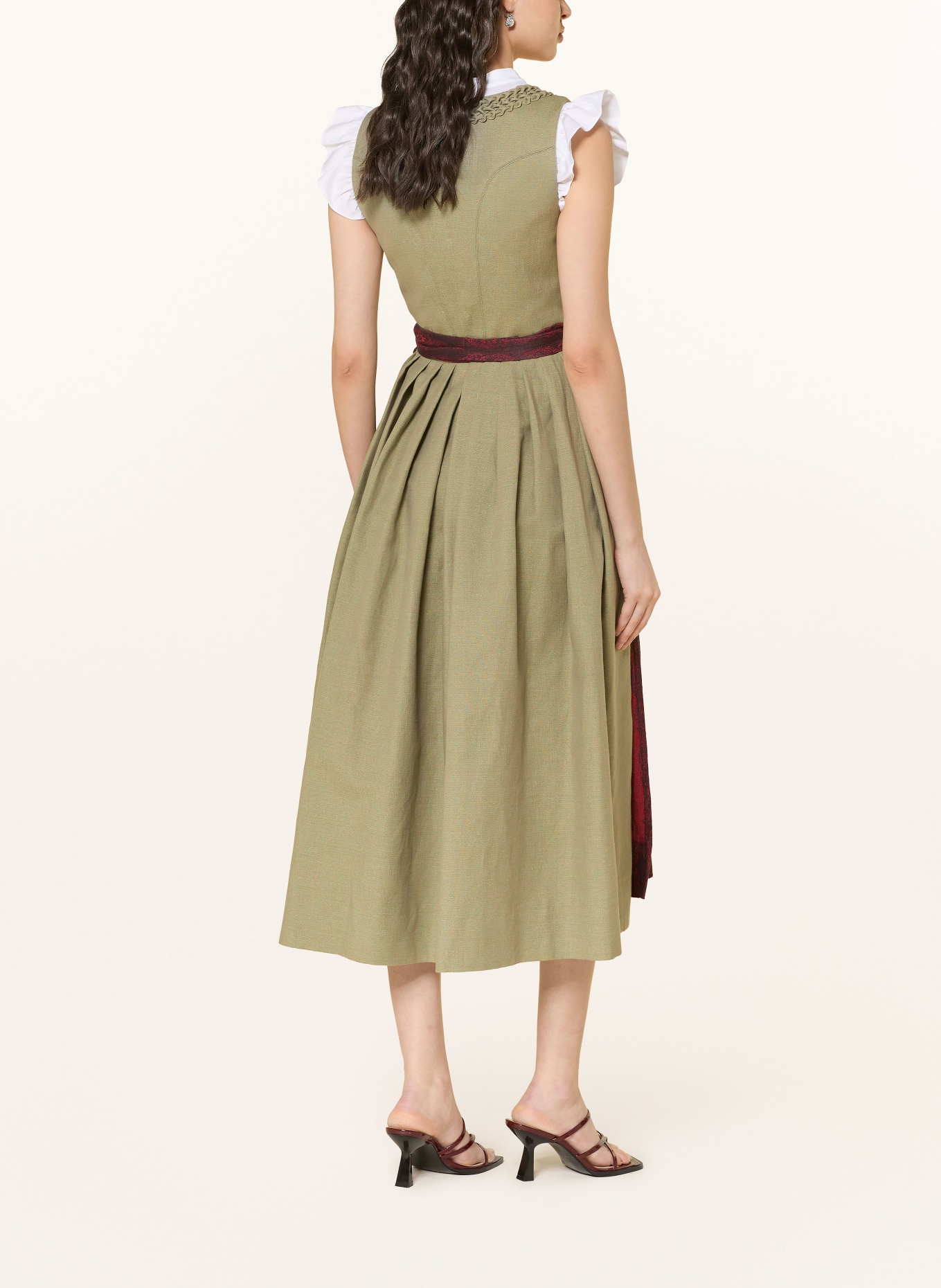 Gottseidank Dirndl VRENI in een mix van stoffen met linnen: LICHTGROEN / DONKERROOD / DONKERBLAUW