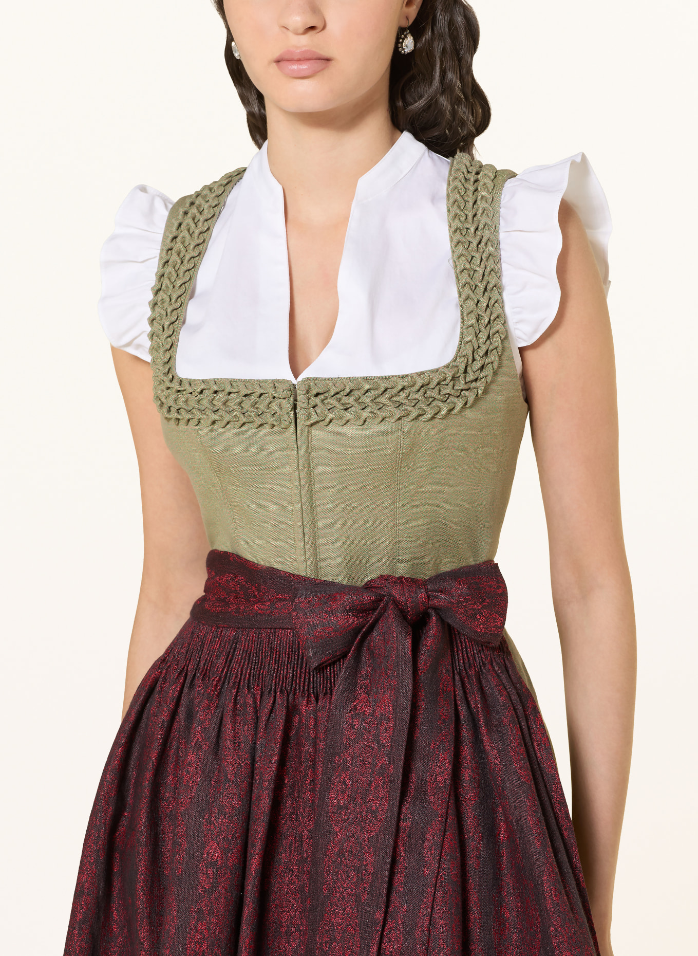 Gottseidank Dirndl VRENI in een mix van stoffen met linnen: LICHTGROEN / DONKERROOD / DONKERBLAUW