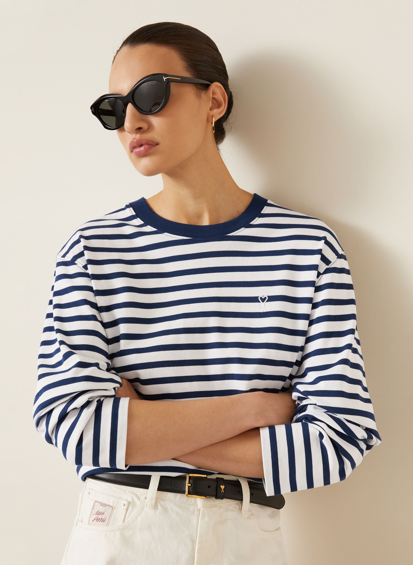 AMI PARIS T-shirt met lange mouwen: DONKERBLAUW / WIT