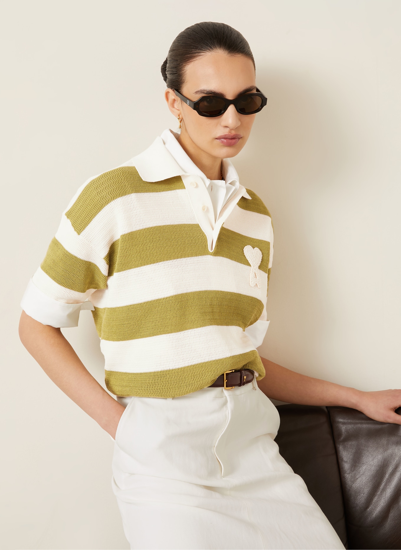 AMI PARIS Gebreid poloshirt: GROEN / CRÈME