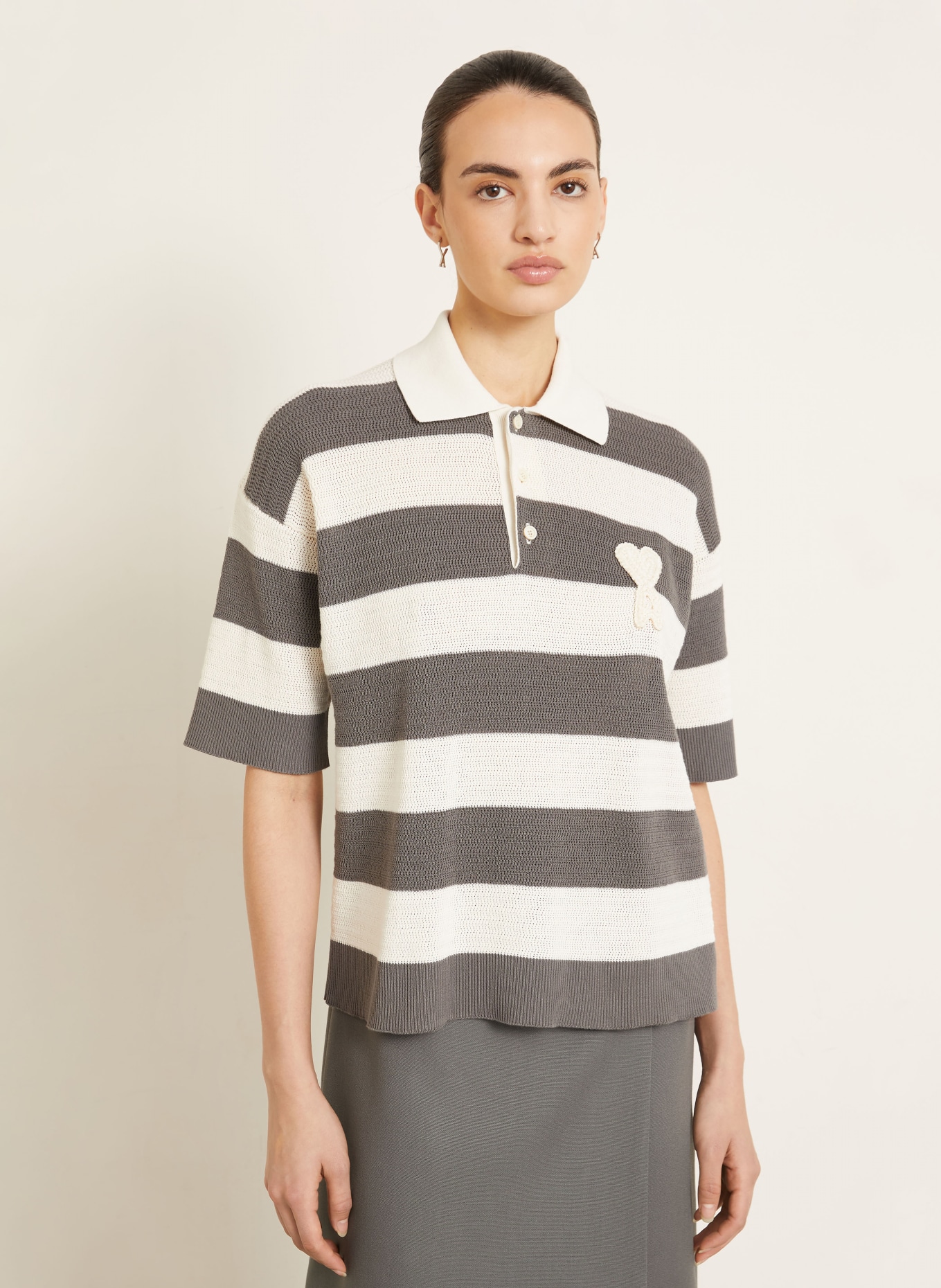 AMI PARIS Gebreid poloshirt: CRÈME / DONKERGRIJS