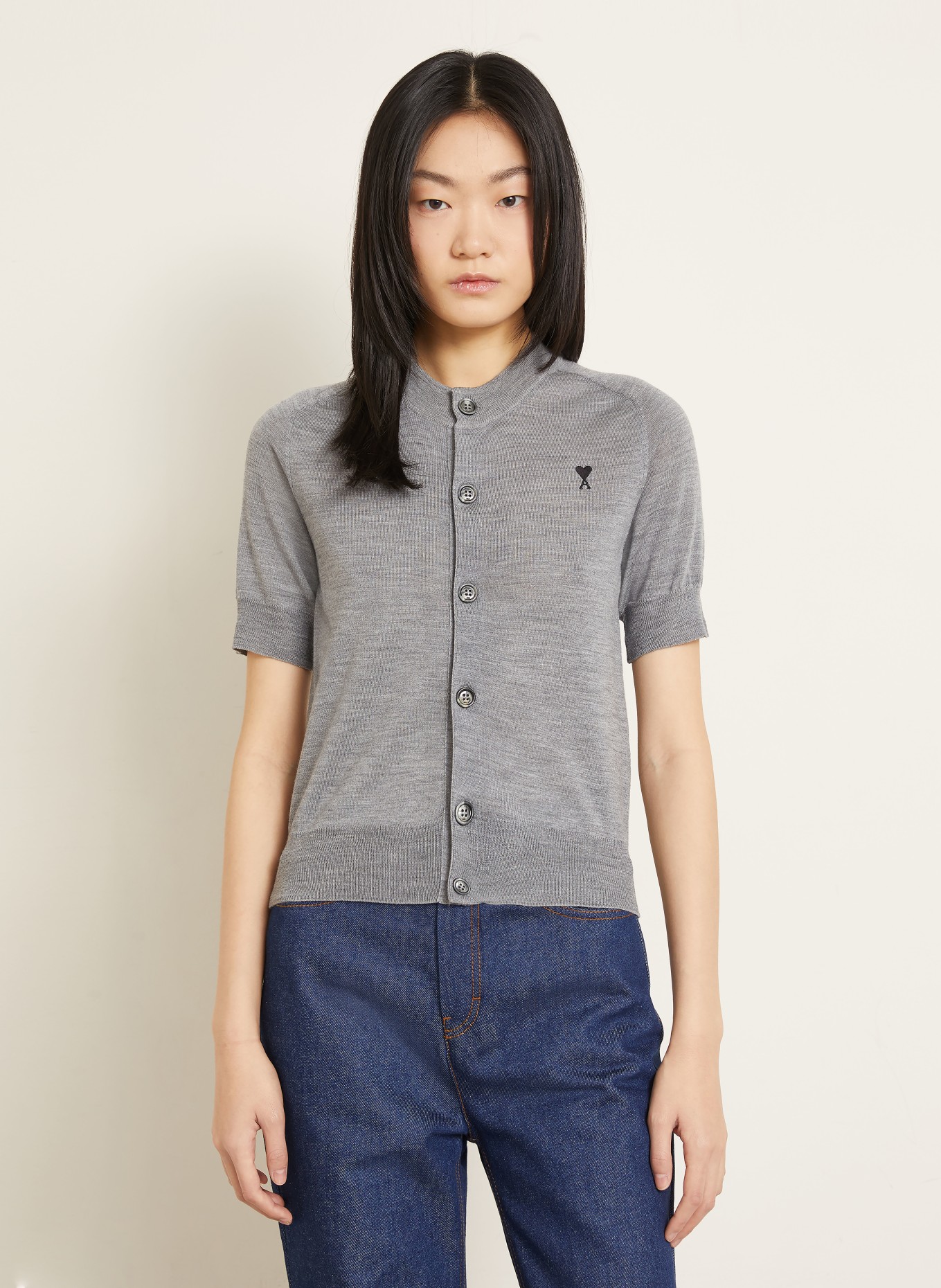 AMI PARIS Strickjacke aus Merinowolle: GRAU / SCHWARZ