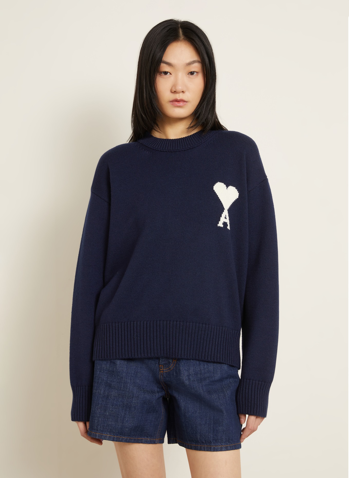 AMI PARIS Pullover: DUNKELBLAU / ECRU