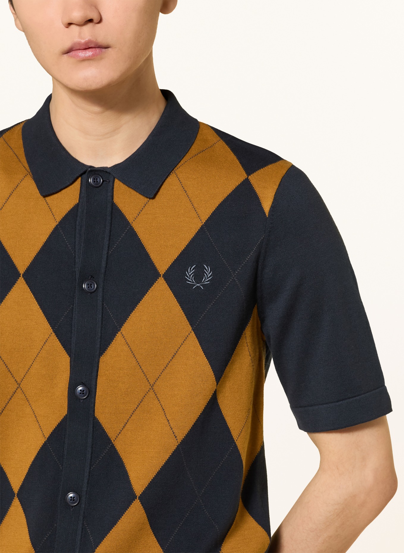 FRED PERRY Slim fit knit shirt: DARK BLUE / COGNAC