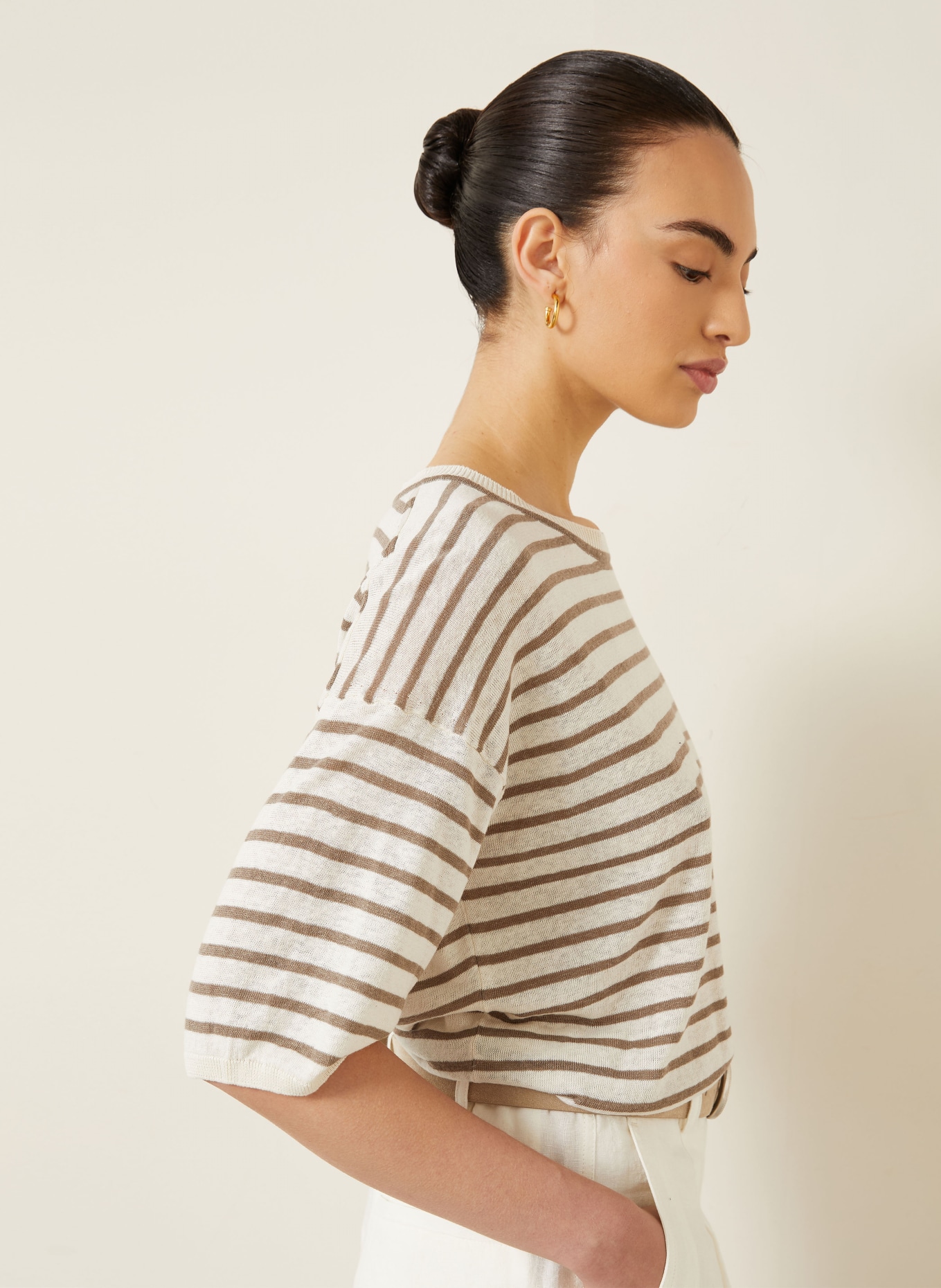 IRIS von ARNIM Gebreid shirt EMINA met zijde en linnen: CRÈME / TAUPE