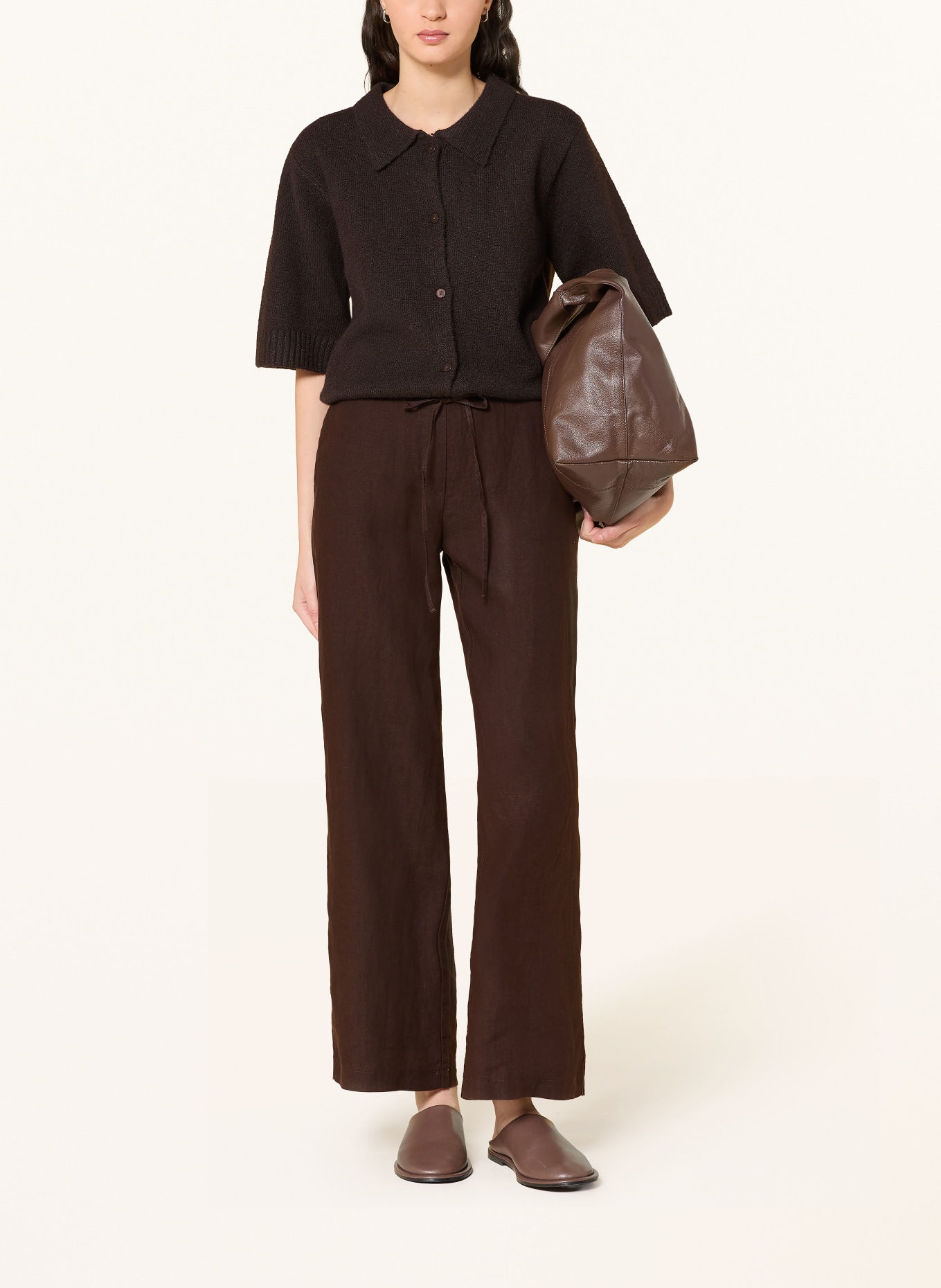 MAC CHIARA linen wide-leg pants: DARK BROWN
