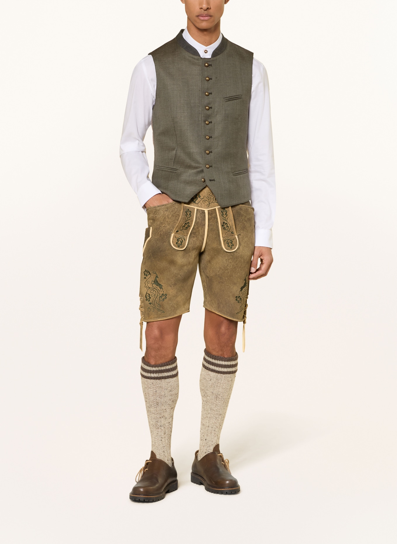 Grasegger Trachtenweste AURACH im Materialmix mit Leinen: GRÜN / BEIGE / TAUPE