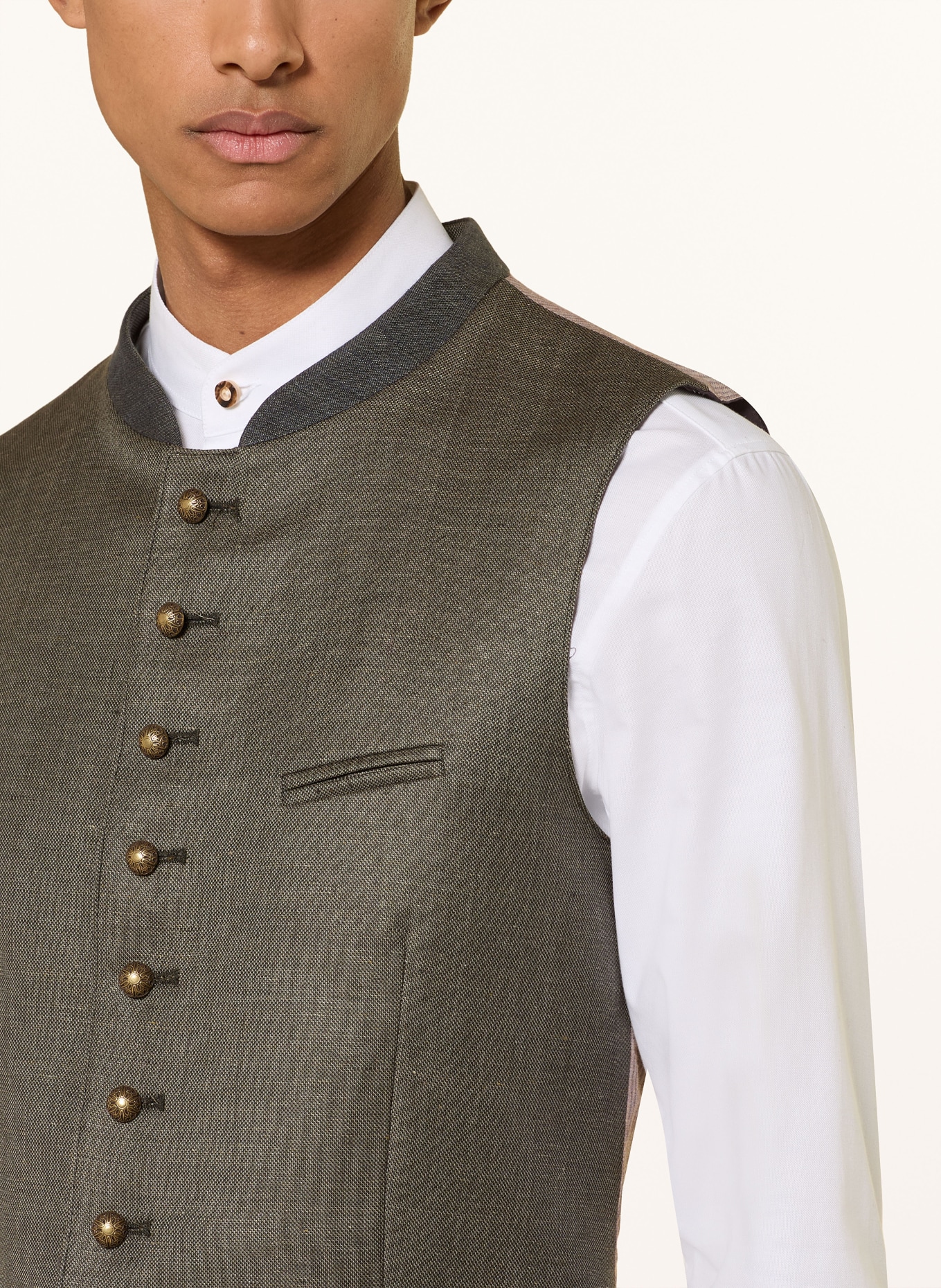 Grasegger Trachtenweste AURACH im Materialmix mit Leinen: GRÜN / BEIGE / TAUPE