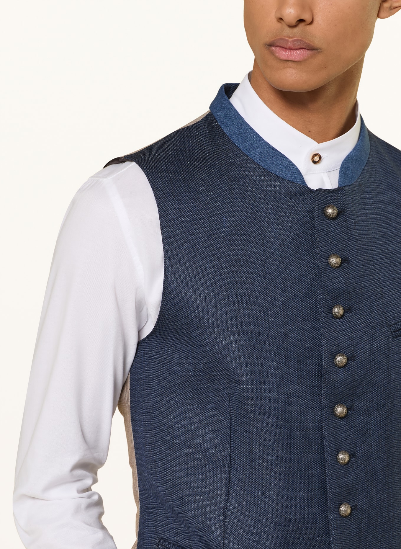 Grasegger Trachtenweste AURACH im Materialmix mit Leinen: DUNKELBLAU / BEIGE / TAUPE