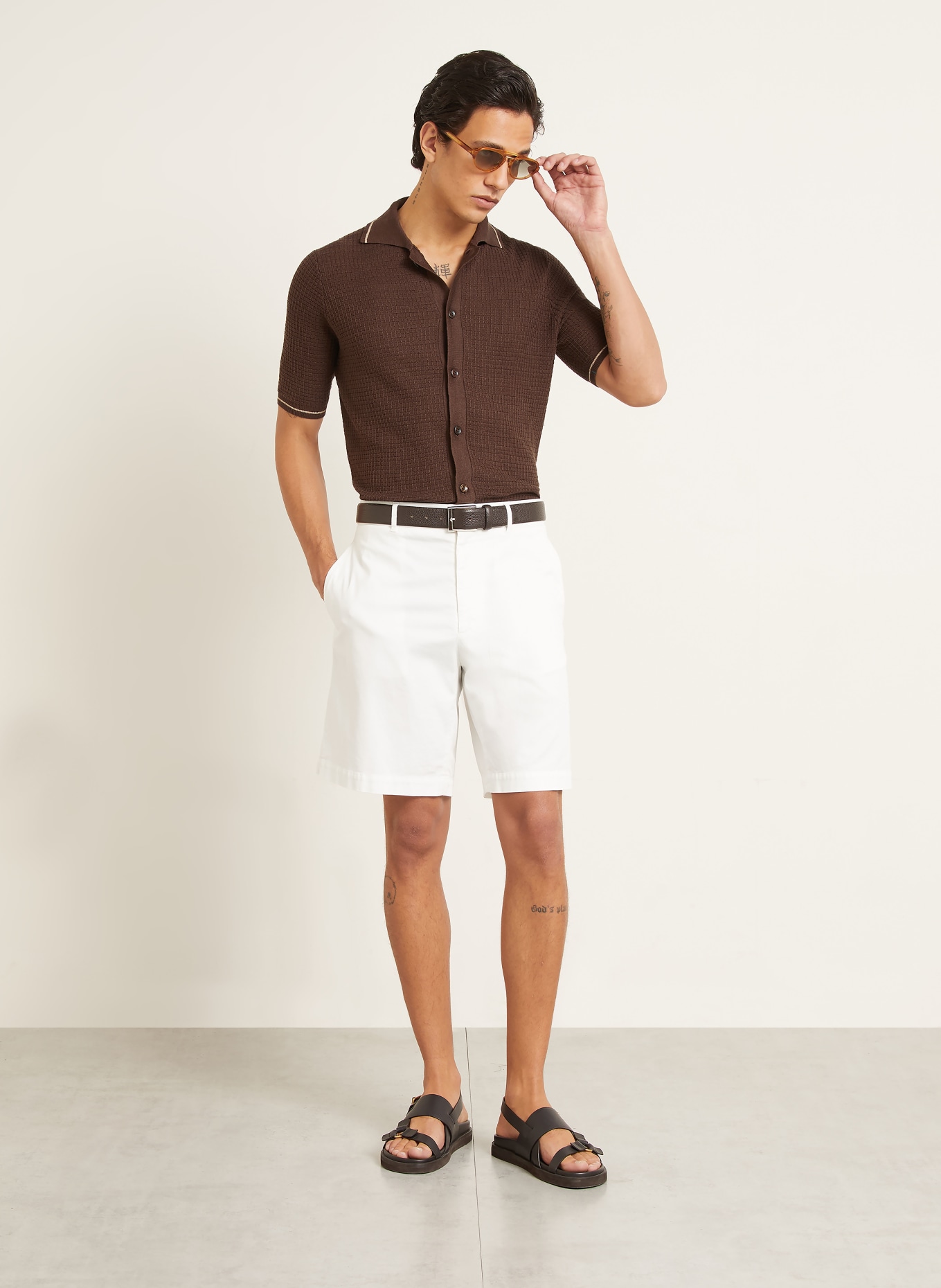 FIORONI Gebreid overhemd met extra slanke pasvorm en linnen: MARRON FONCÉ