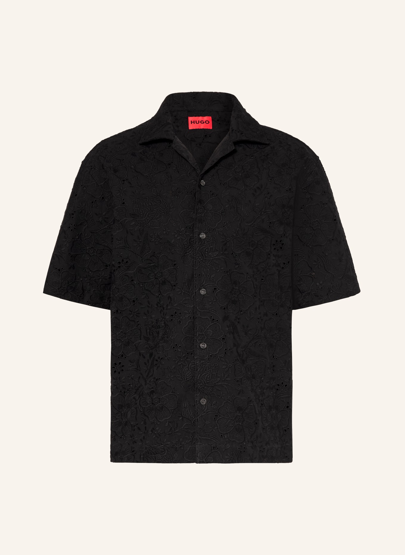 HUGO ESPINO Comfort Fit-resorthemd van opengewerkte kant: ZWART