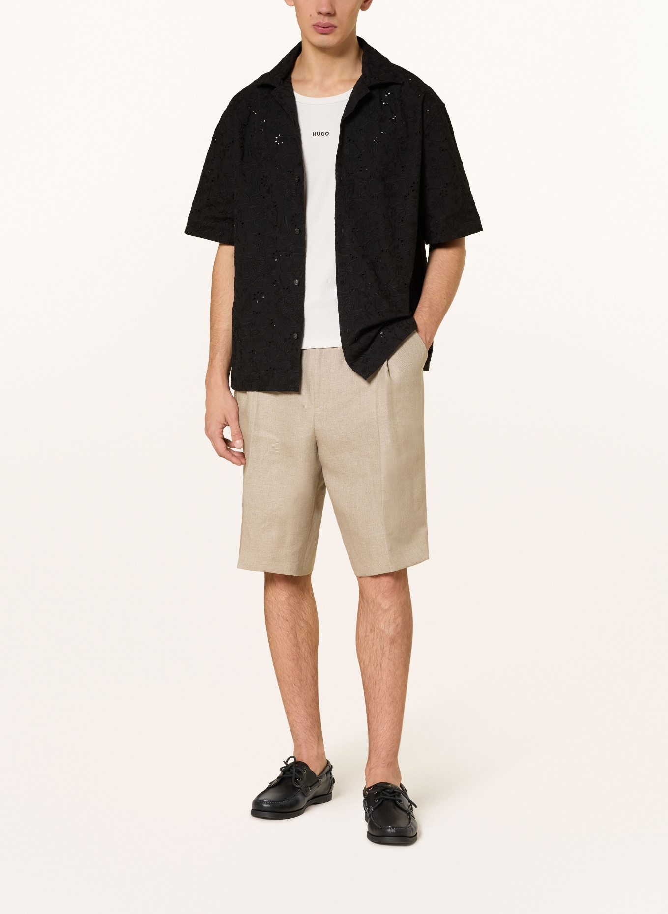 HUGO ESPINO Comfort Fit-resorthemd van opengewerkte kant: ZWART
