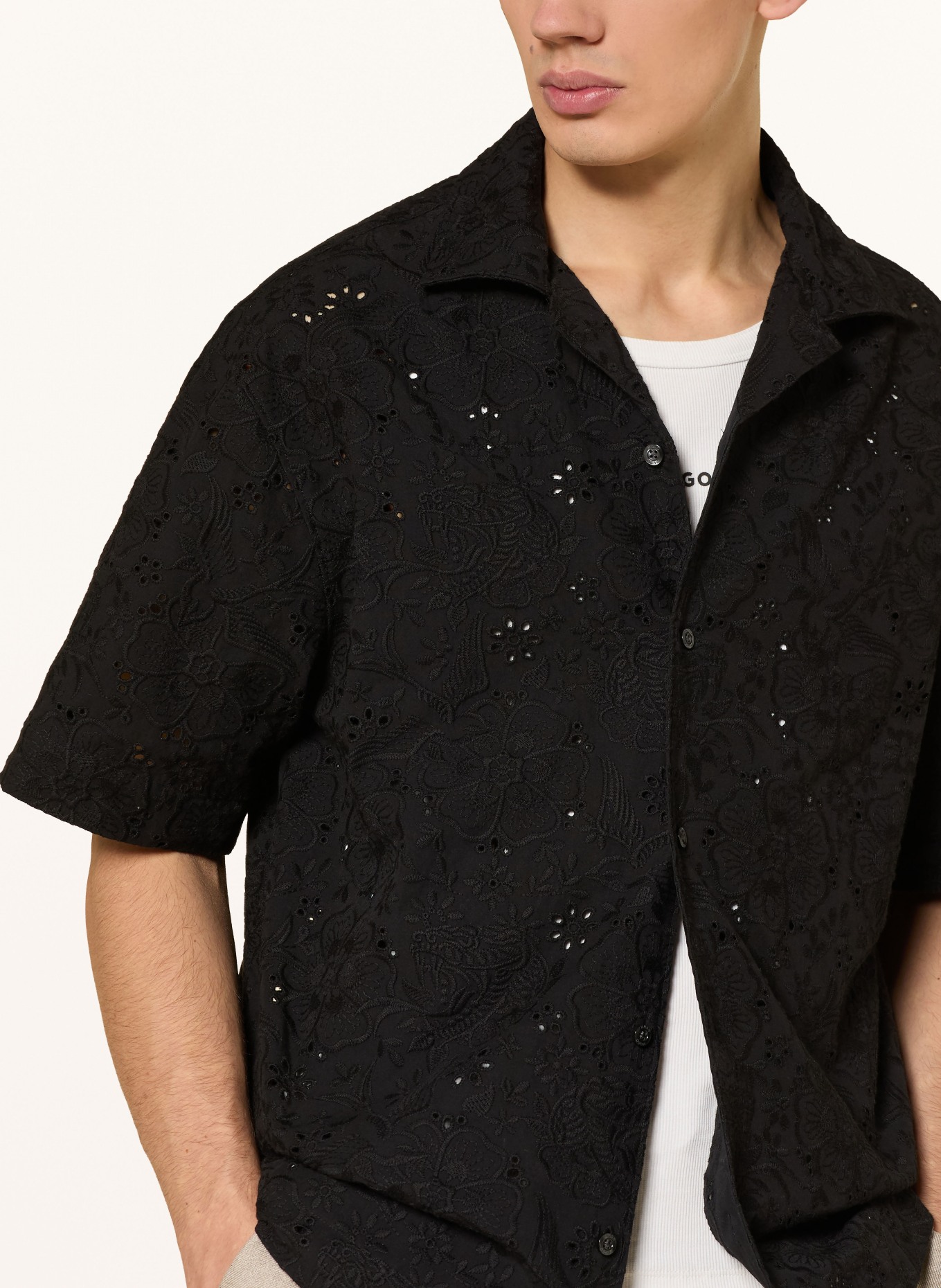 HUGO ESPINO Comfort Fit-resorthemd van opengewerkte kant: ZWART