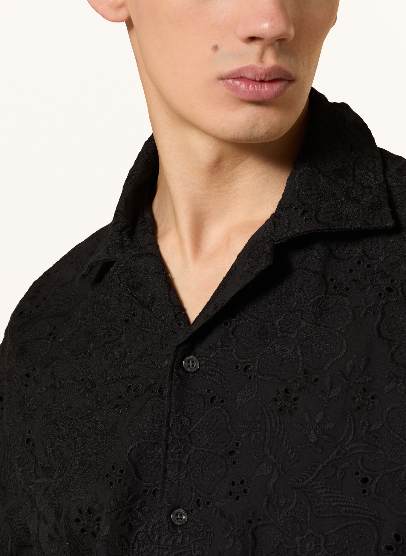 HUGO ESPINO Comfort Fit-resorthemd van opengewerkte kant: ZWART