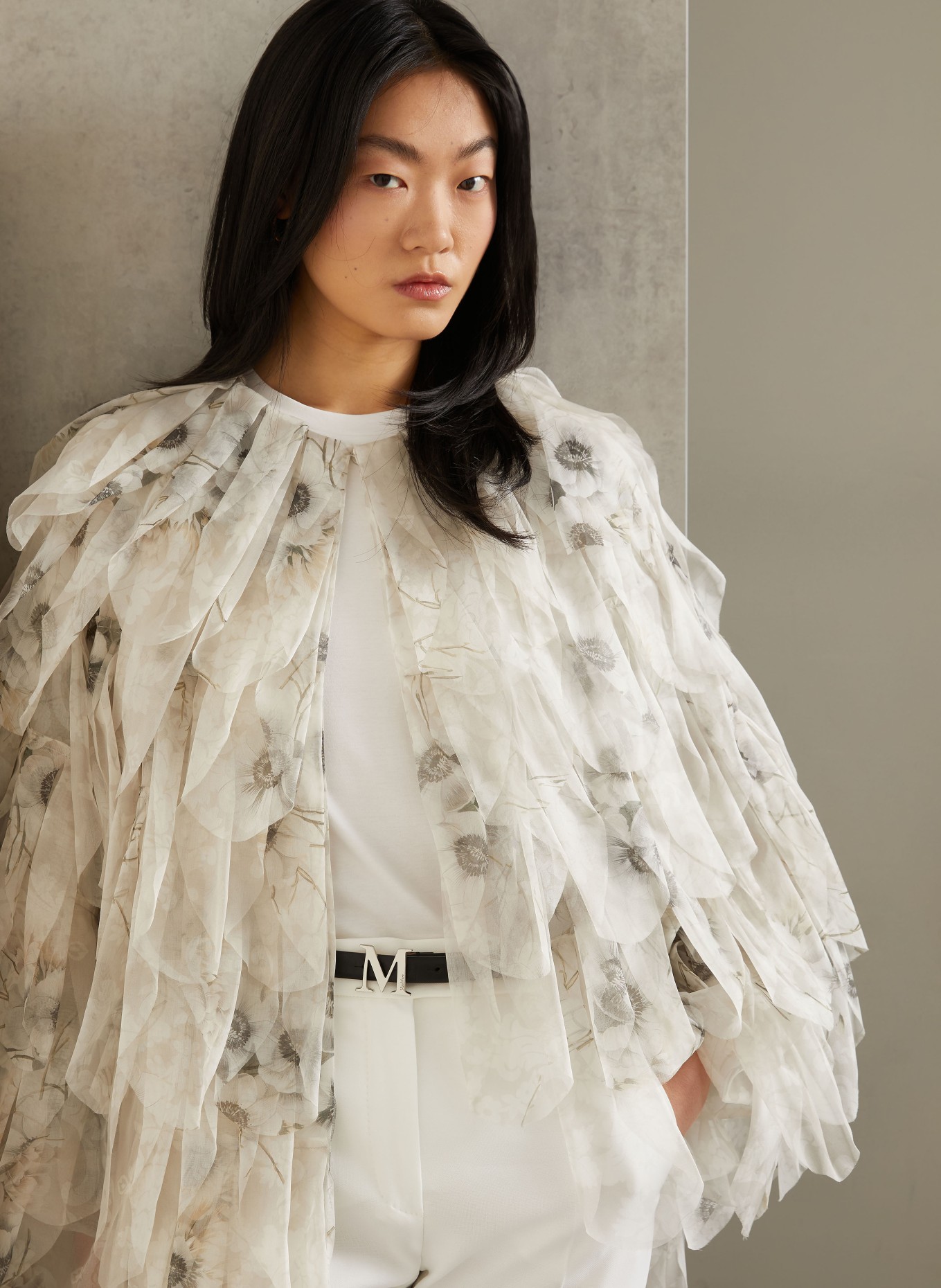 Max Mara CHIFFON silk jacket with flounces: LIGHT GRAY / DARK GRAY