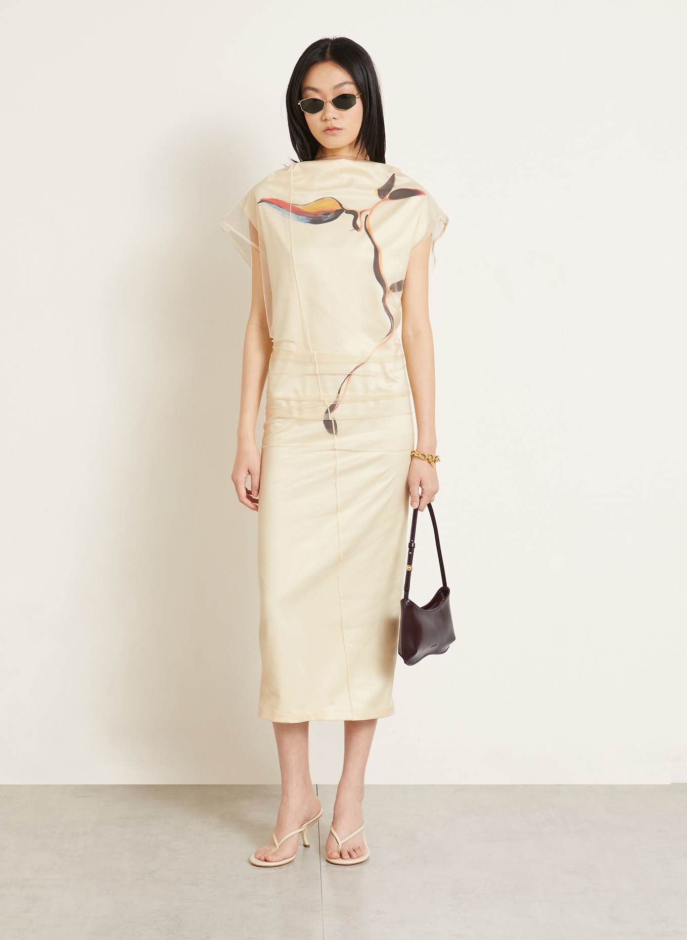 SPORTMAX Satinkleid VIALE: HELLGELB / DUNKELBRAUN / ORANGE