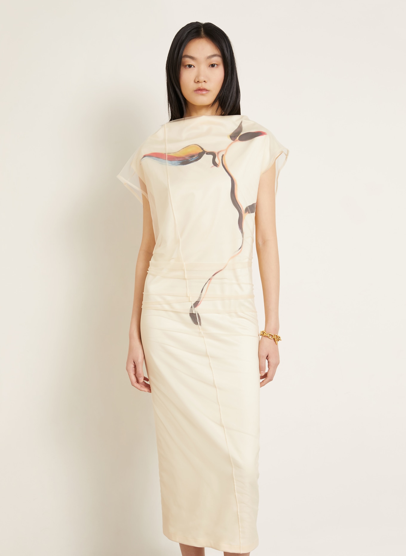 SPORTMAX Satinkleid VIALE: HELLGELB / DUNKELBRAUN / ORANGE