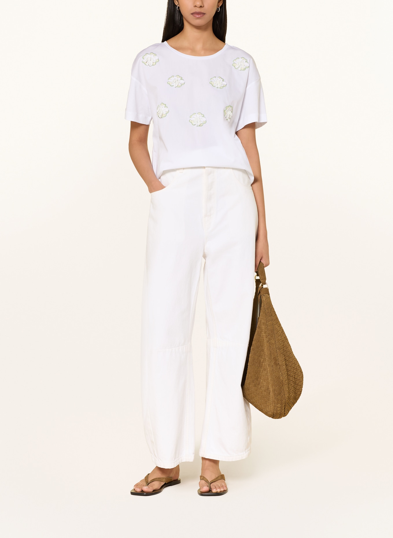 MORE & MORE T-shirt met sieradenparels: WIT / GROEN