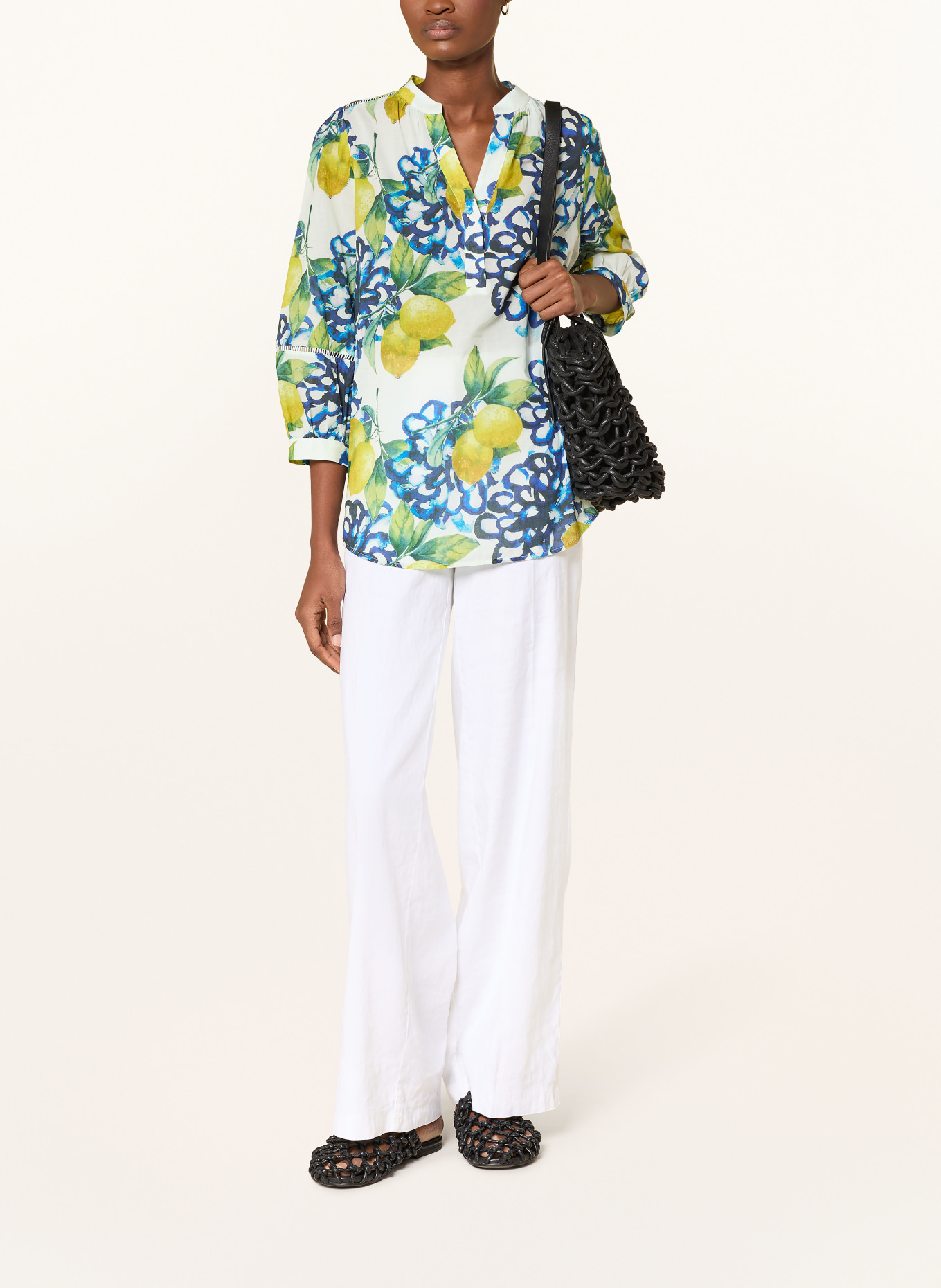 MORE & MORE Chemisier à manches 3/4: BLANC / JAUNE FONCÉ / BLEU