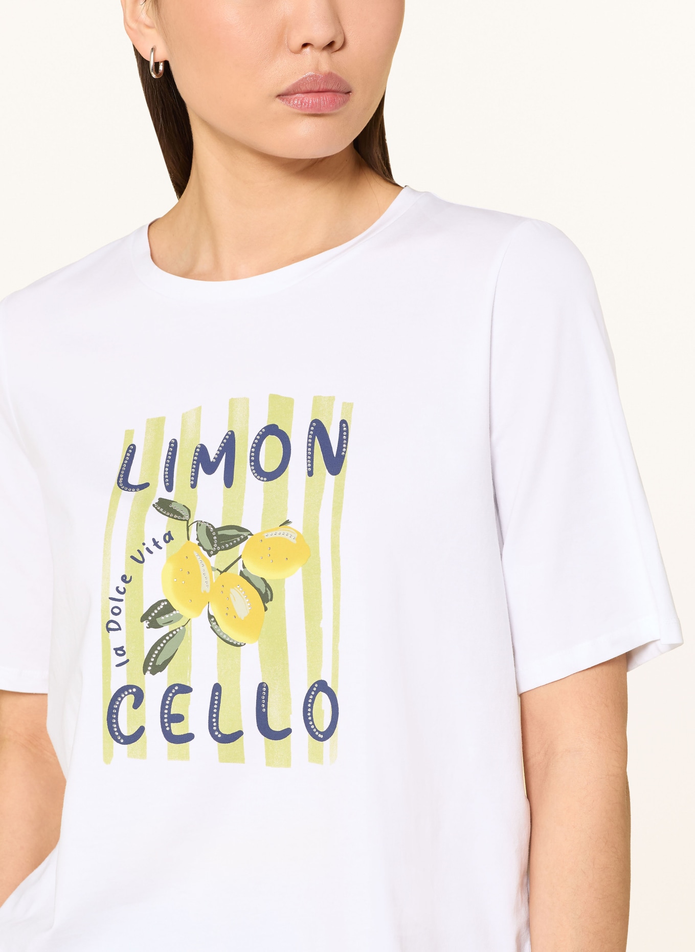 MORE & MORE T-Shirt mit Schmucksteinen: WEISS / GELB / HELLGRÜN
