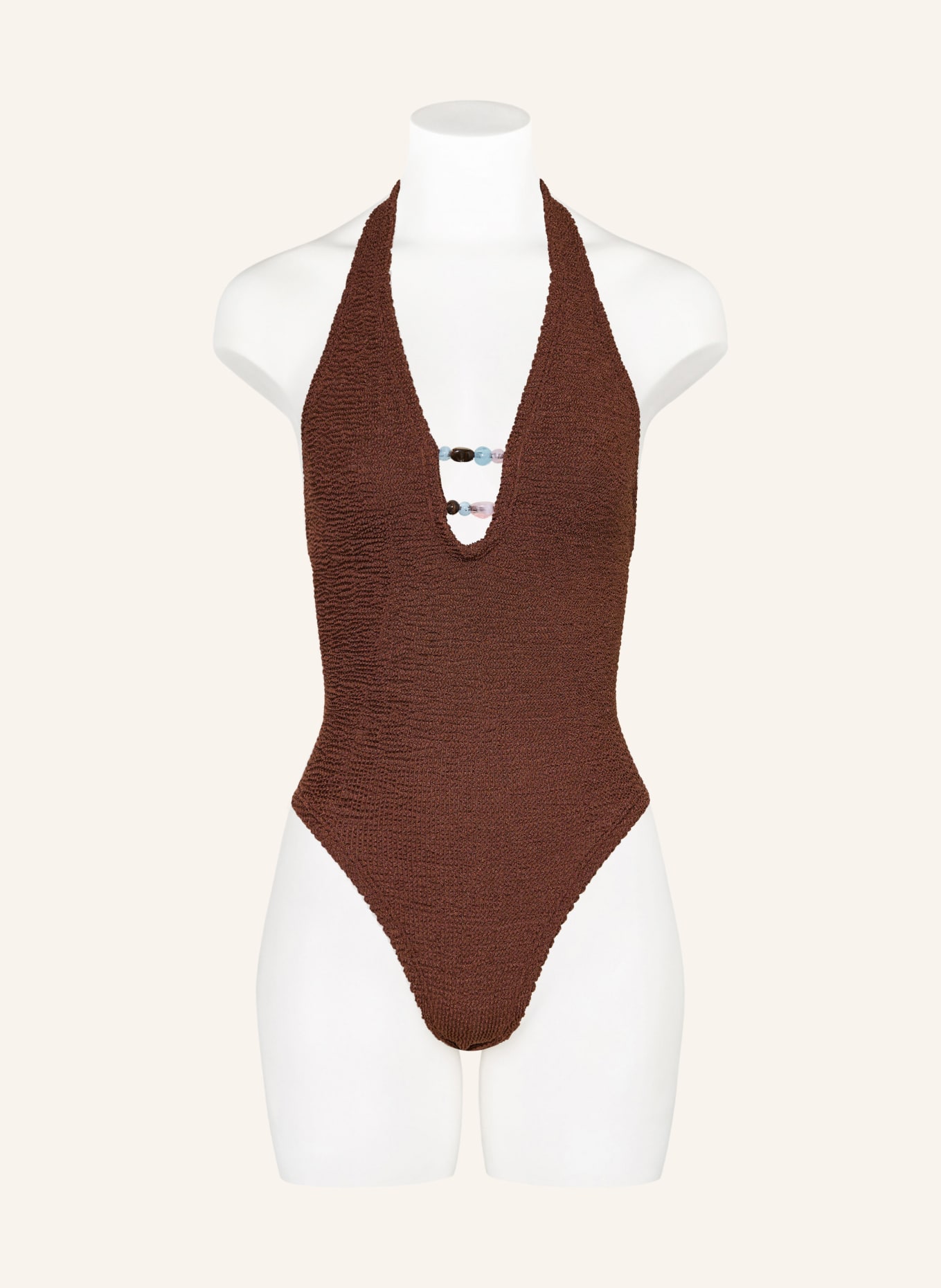 Hunza G Maillot de bain dos nu ADIRANA avec perles décoratives: MARRON / ROSE CLAIR / BLEU CLAIR