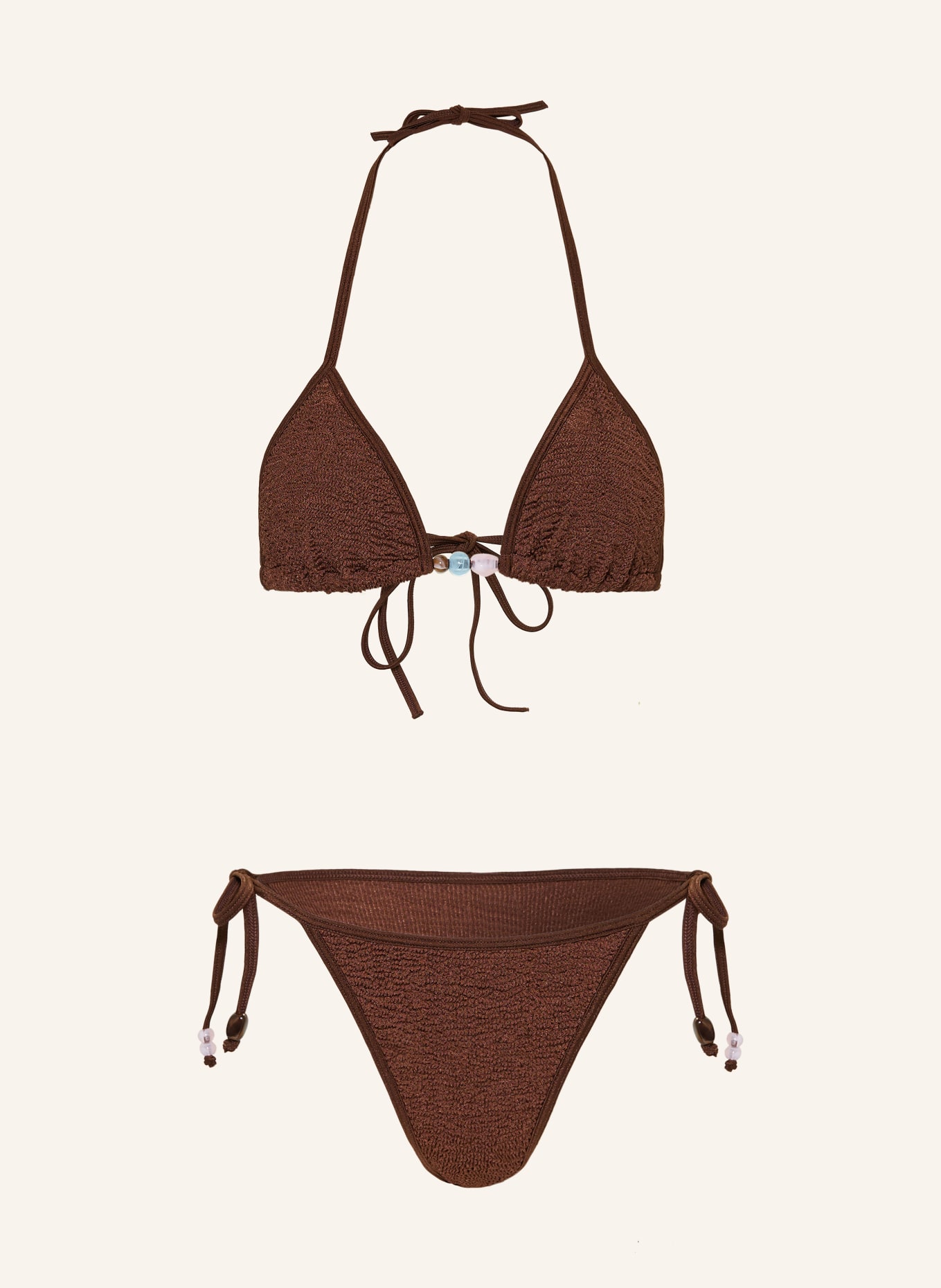 Hunza G Bikini triangle GINA avec perles décoratives: MARRON / ROSE CLAIR