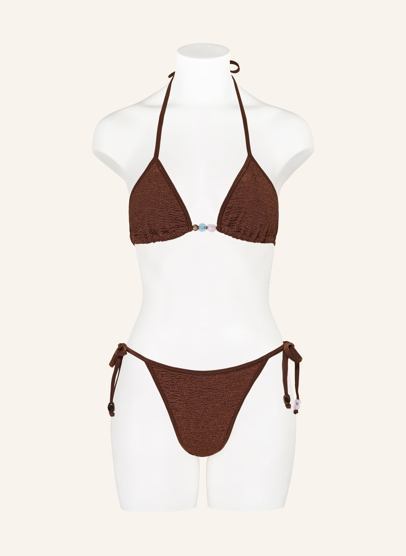 Hunza G Bikini triangle GINA avec perles décoratives: MARRON / ROSE CLAIR