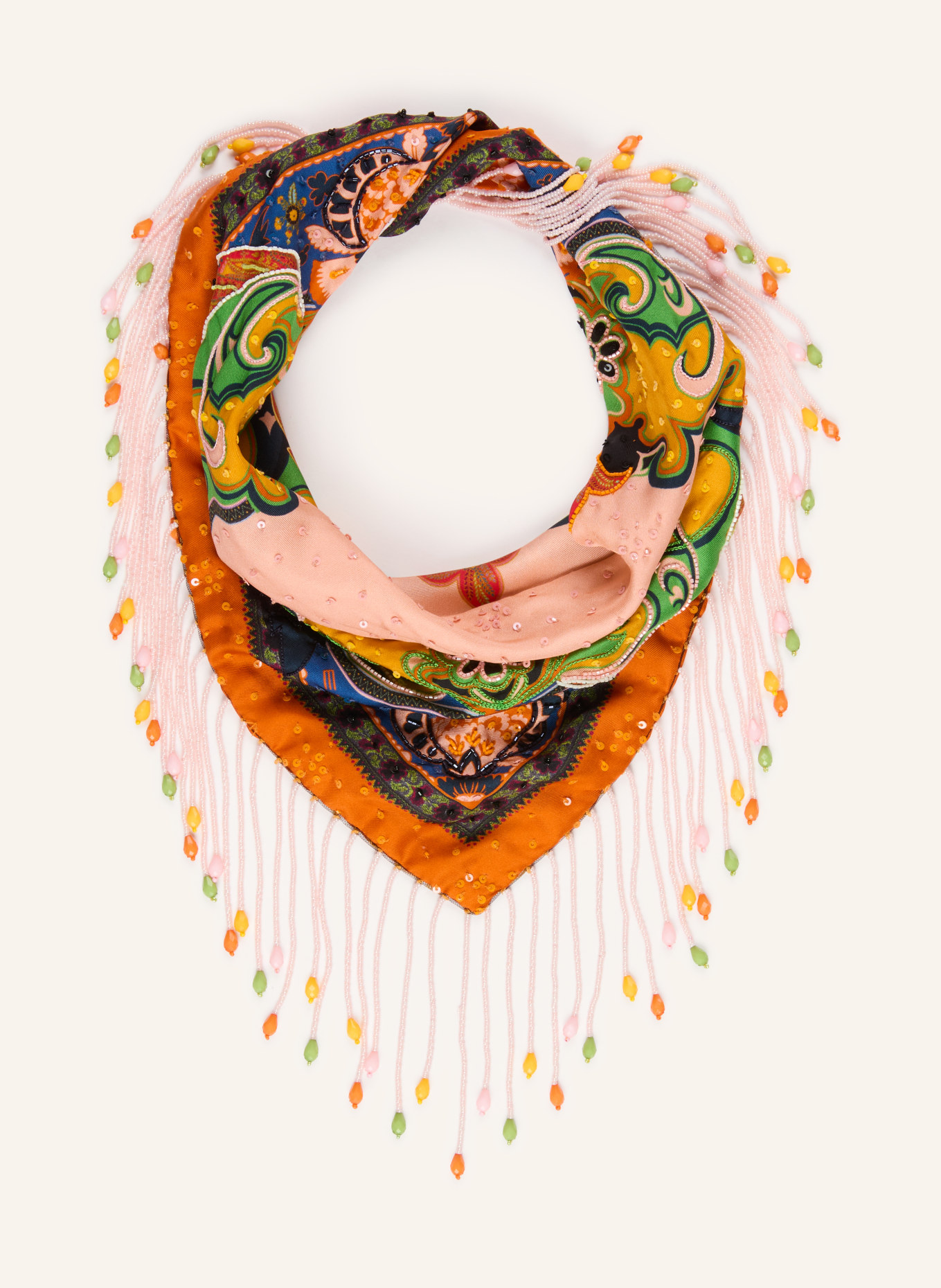 ETRO Dreieckstuch aus Seide mit Pailletten: ROSÉ / ORANGE / GRÜN