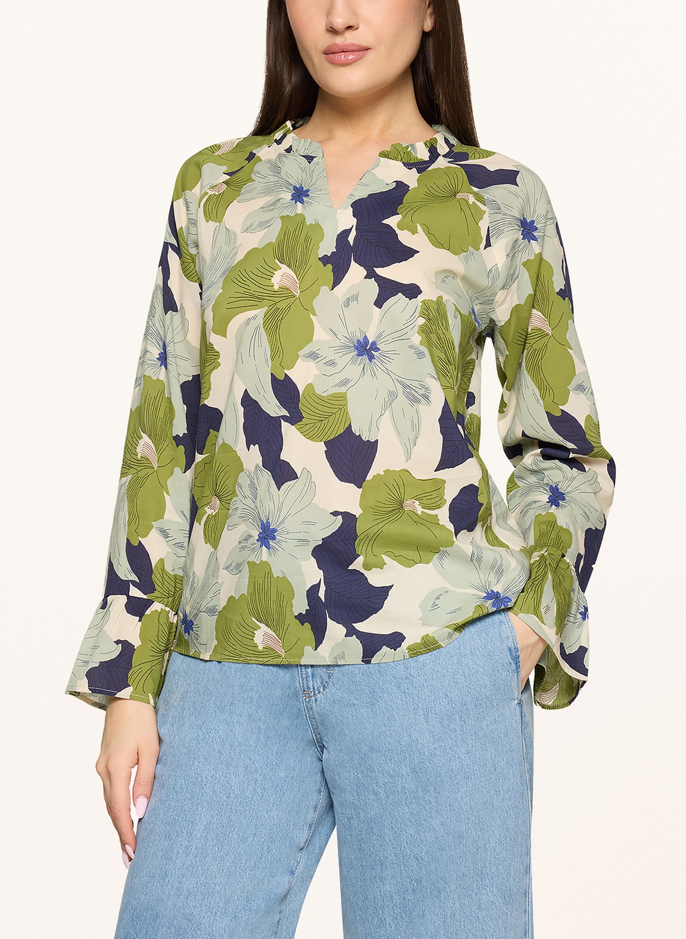 CARTOON Blouse met ruches: GROEN / ECRU / DONKERBLAUW