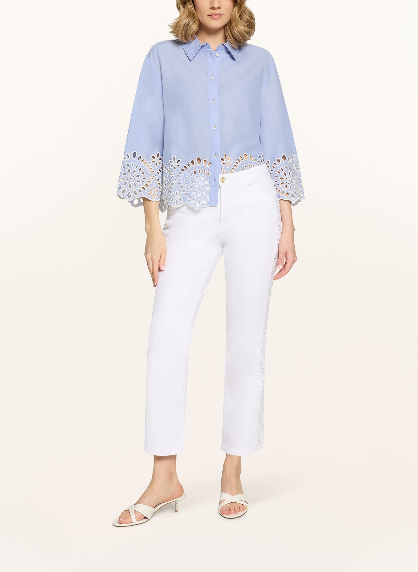 CARTOON Overhemdblouse met opengewerkte kant en 3/4-mouwen: LICHTBLAUW / WIT