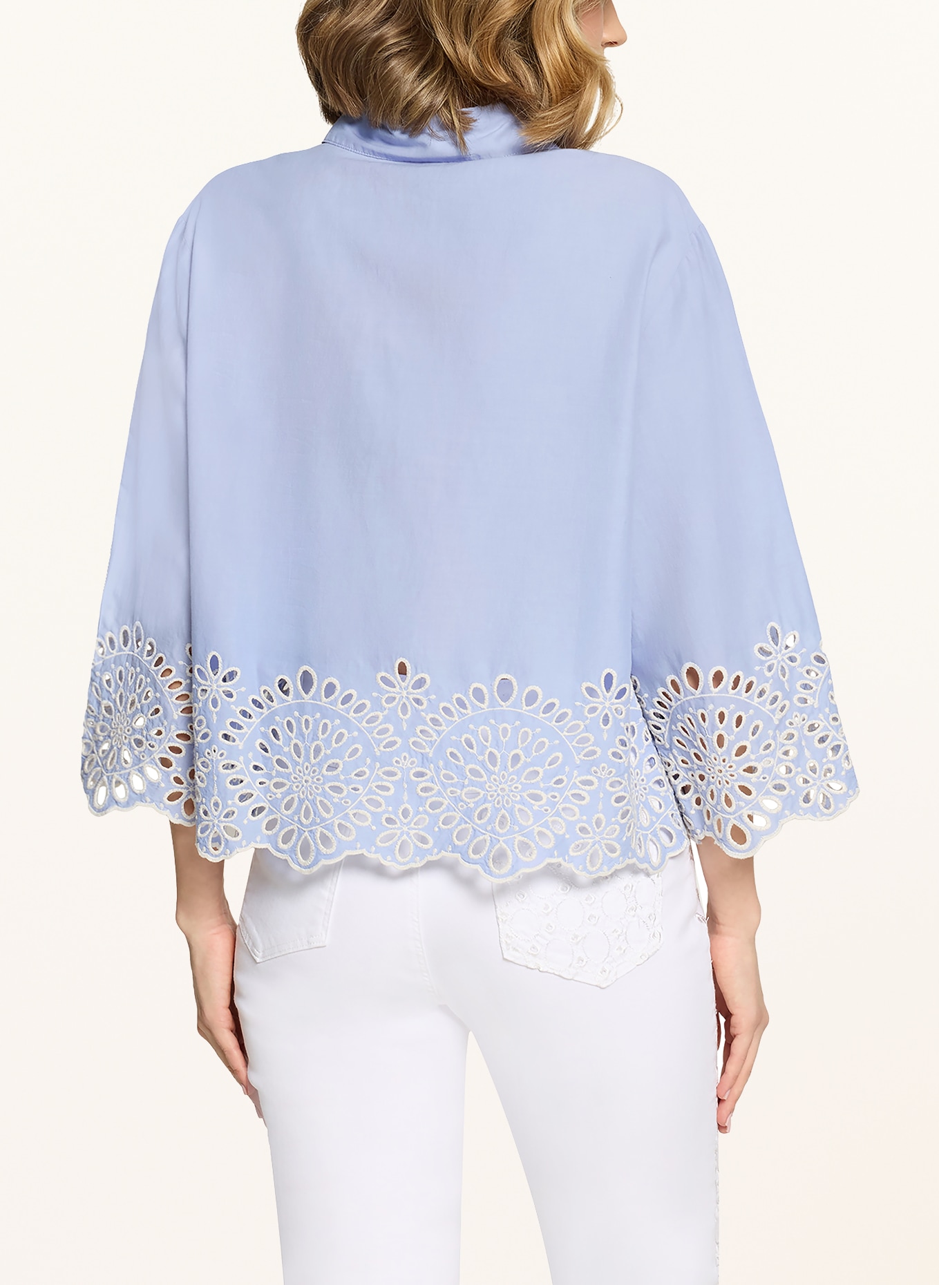 CARTOON Overhemdblouse met opengewerkte kant en 3/4-mouwen: LICHTBLAUW / WIT