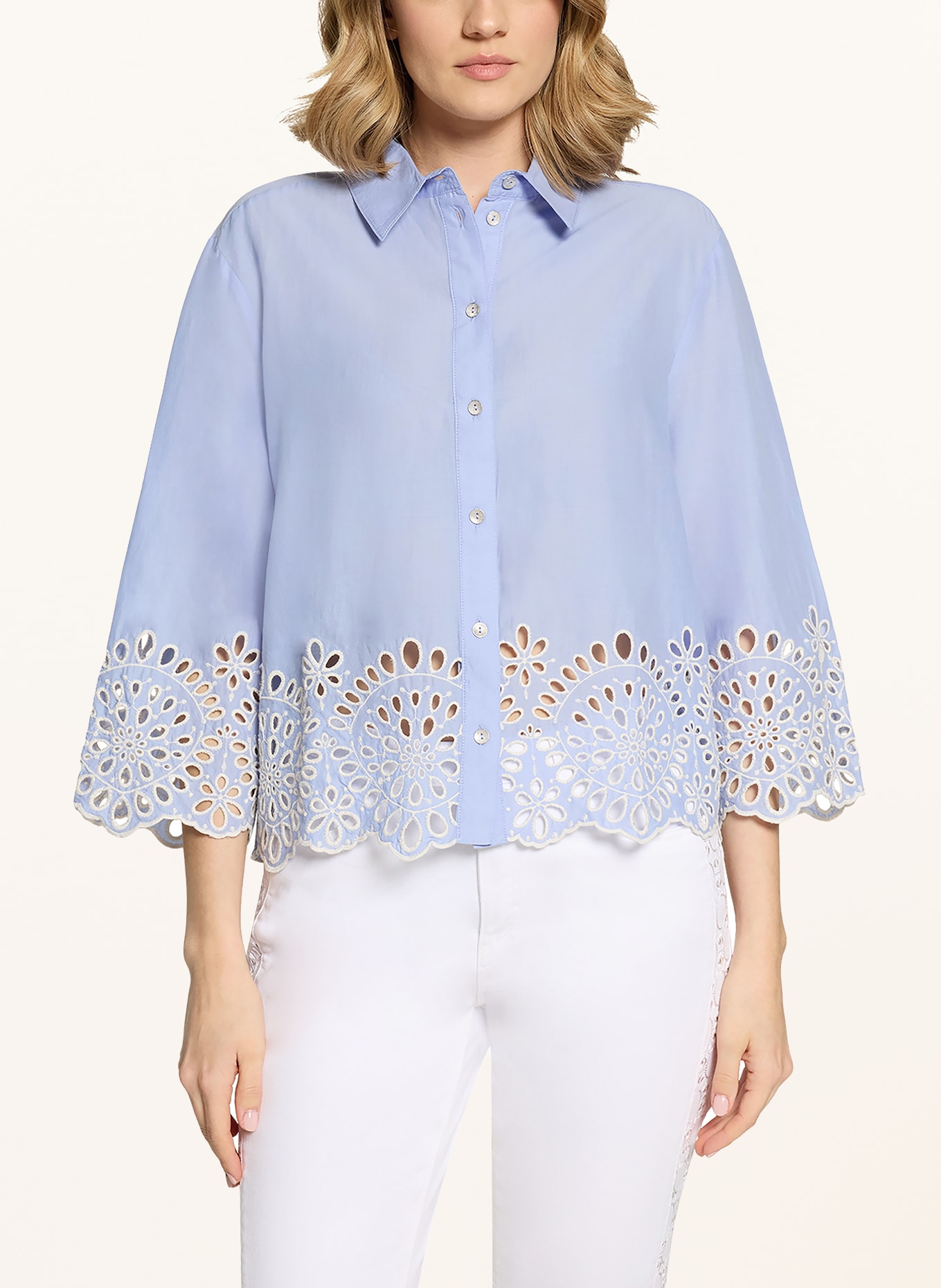 CARTOON Overhemdblouse met opengewerkte kant en 3/4-mouwen: LICHTBLAUW / WIT